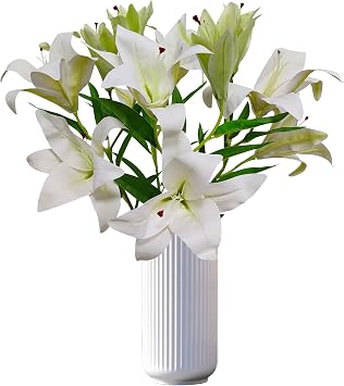 Artificial Lily Flowers,4 Pcs Faux Lily Flowers,32.5 Inch Long Stem Tiger Lily Branch with 2 Full Blooms and 1 Bud, Latex Real Touch Lilium Flower for Wedding Bouquet 4, White