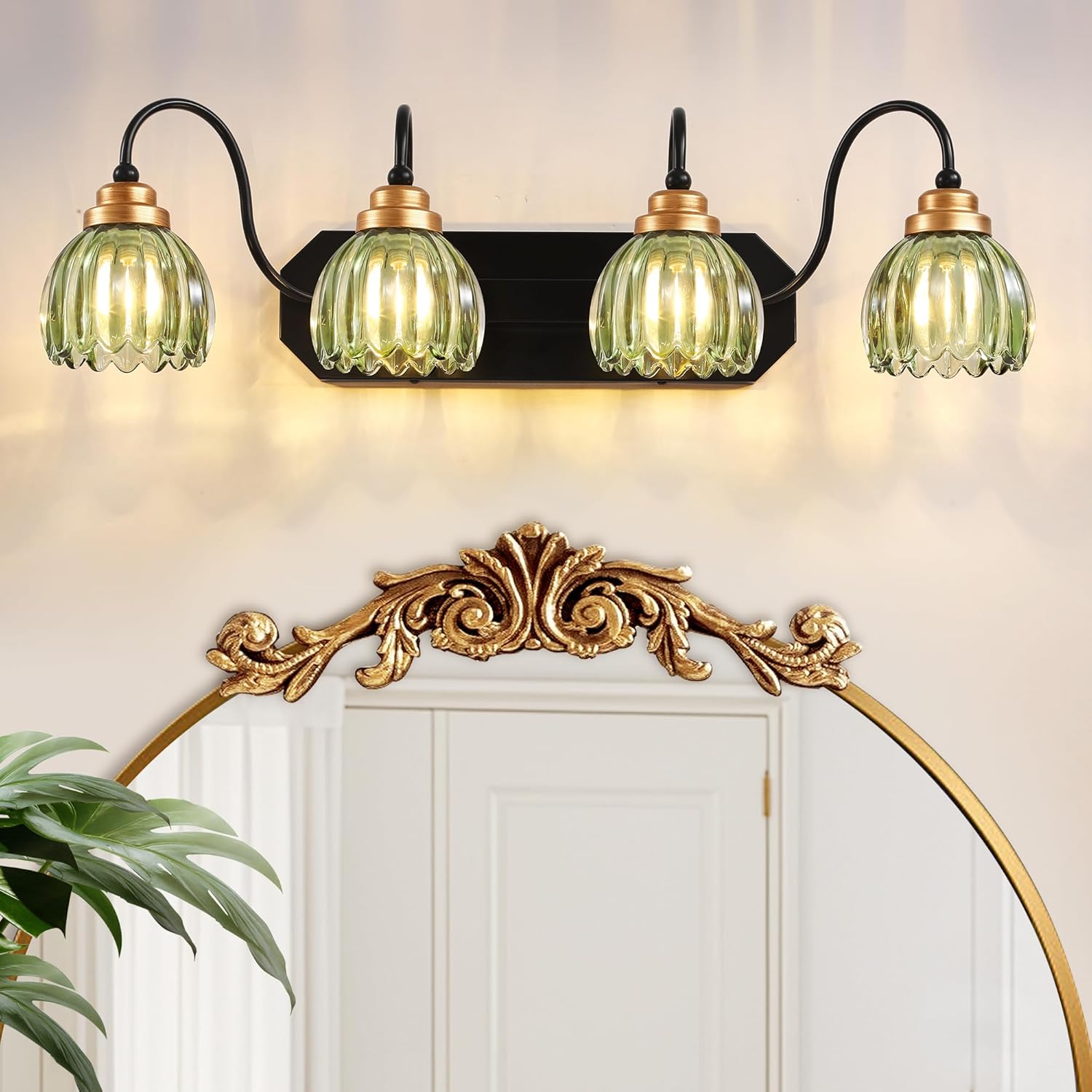 vintage bathroom vanity light, 4 light bathroom lighting fixtures over mirror, mid century style farmhouse light fixtures with green glass shades, black finish wall mount for bedroom, living room green 4-light