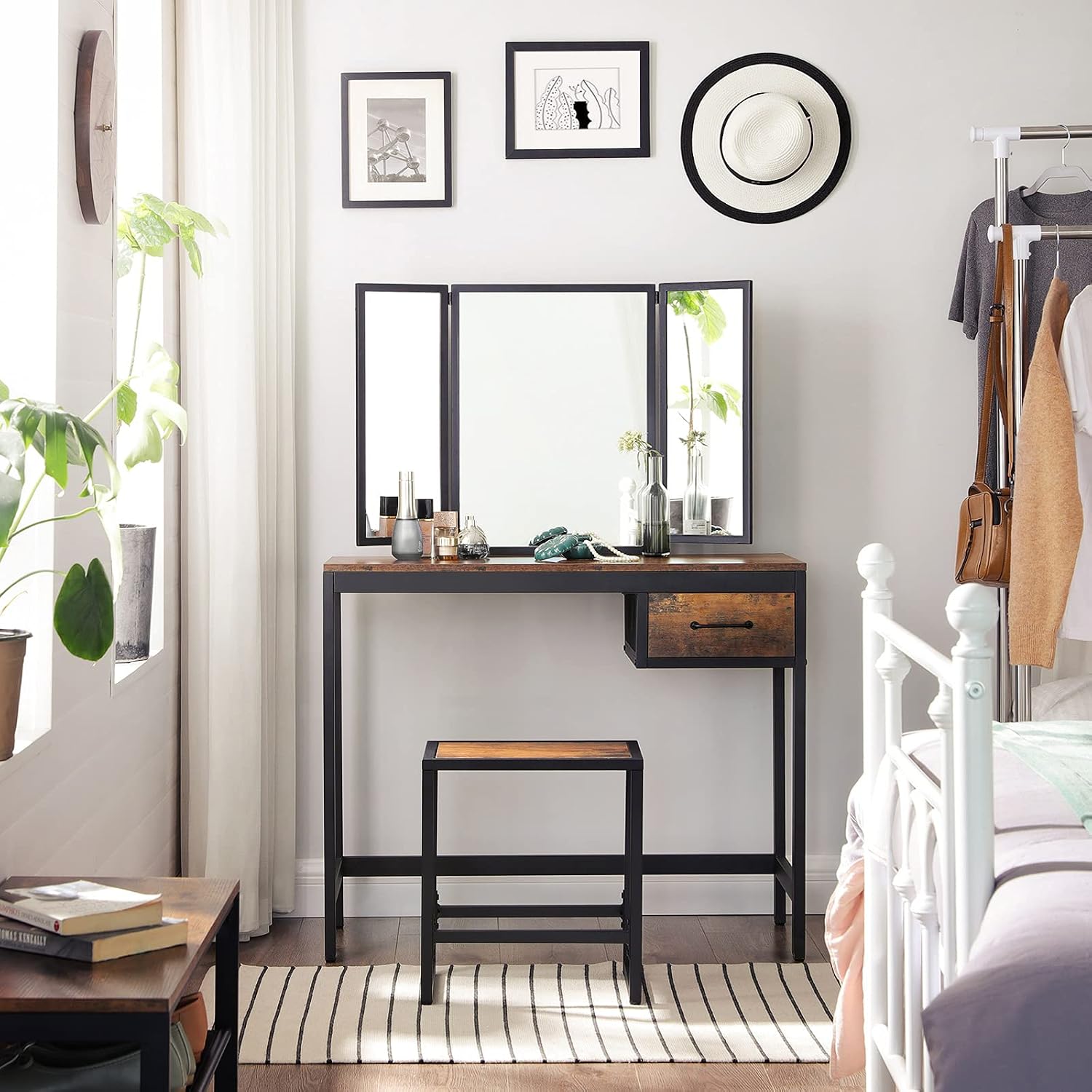 VASAGLE Vanity Table Set, Makeup Table with Stool, Tri-Fold Mirror, 1 Drawer, Industrial, Rustic Brown and Black URVT01BX