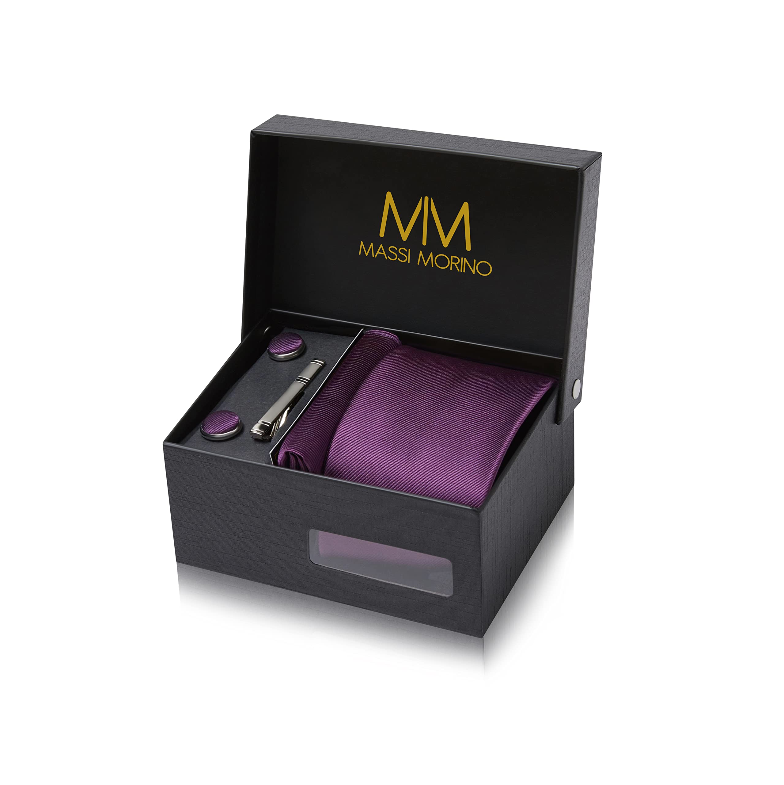 Massi Morino Krawatte mit Einstecktuch Set Herren inkl. Manschettenknöpfe, Krawattennadel und Geschenkbox - Männer Krawattenset zur Hochzeit