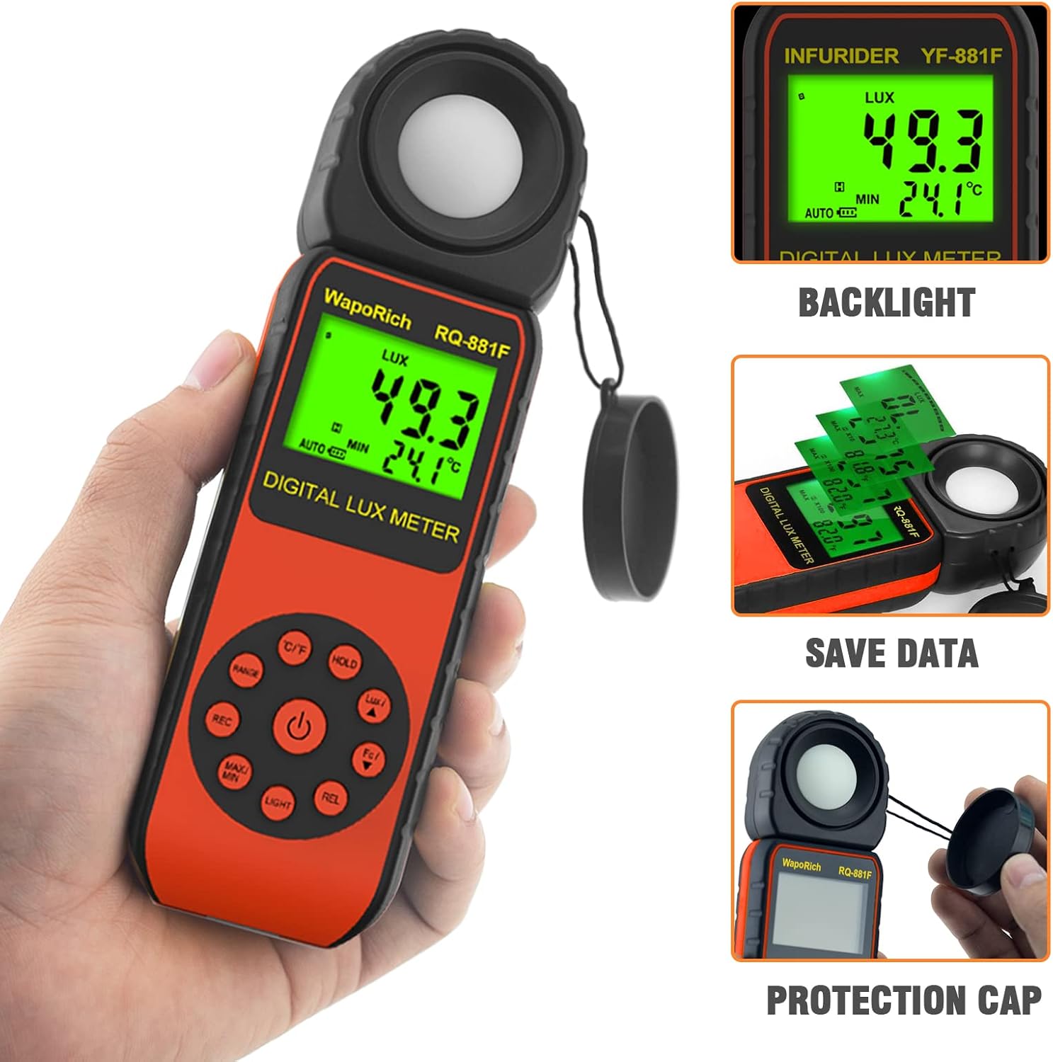 Light Meter, Illuminance Meter RQ-881F to Measure Light, Max Value Display 3999(Ranges: 1-400,000Lux), 270º Rotated Sensor, Back Light, Data Storage-Orange