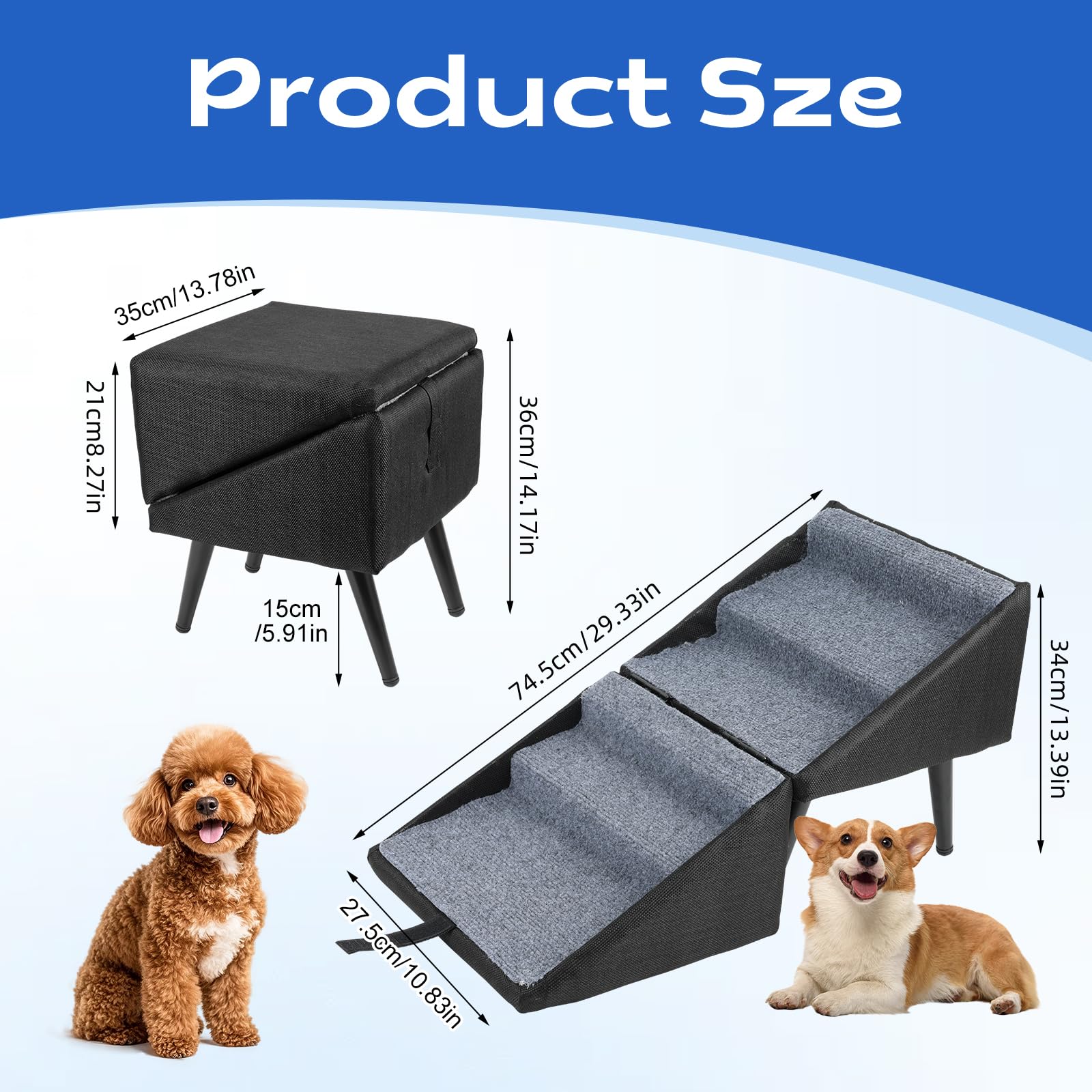 Escalier Pliable pour Chien et Chat Petite Taille, Marchepied Antidérapant | Revêtement en Coton et Lin, Pieds en Métal Stables, Escalier Pliable pour Canapé et Lit, Cadre en Bois, 74,5 × 27,5 × 34 cm