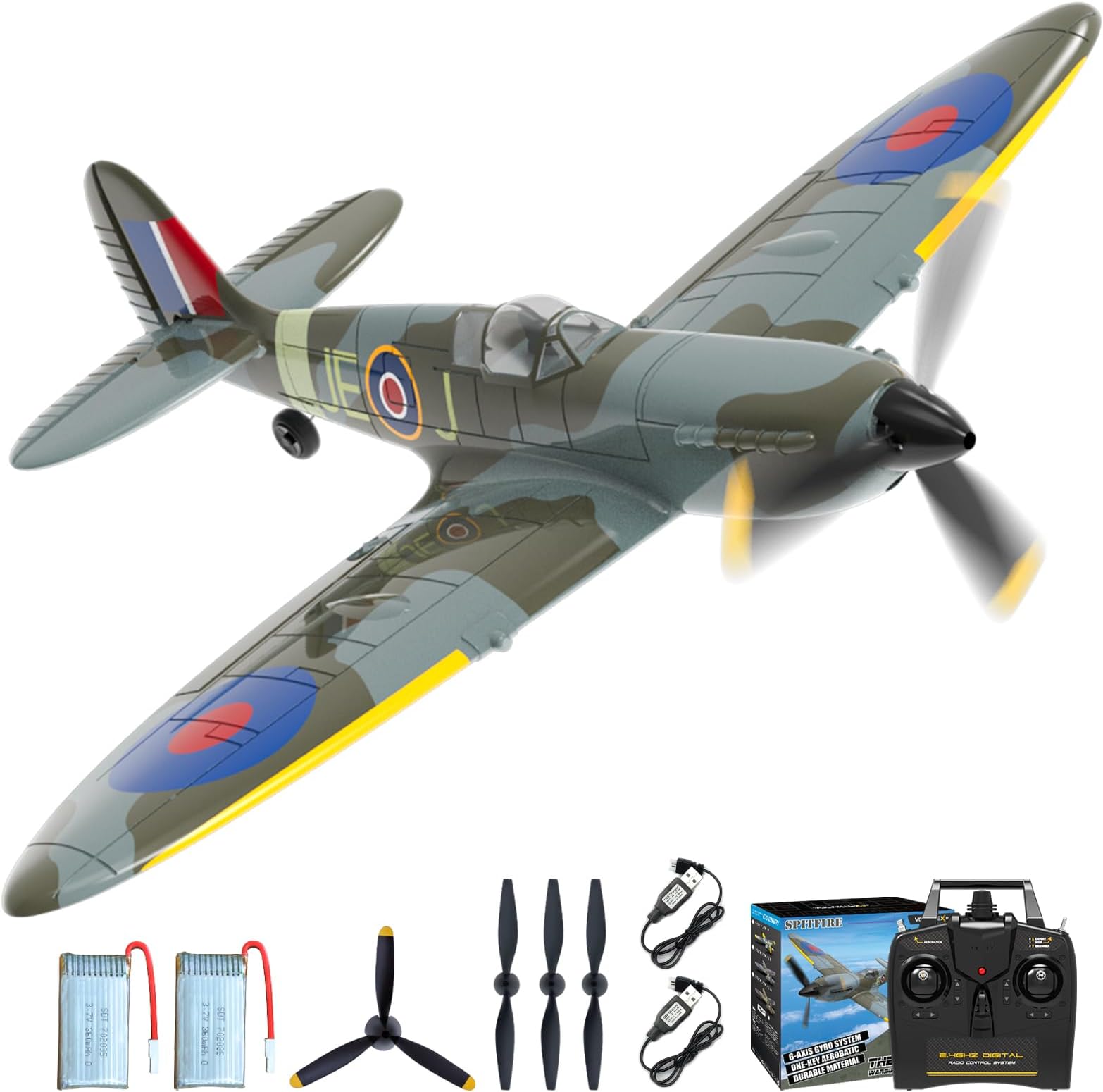 CKYSCHN RC Plane 4 Channel, Spitfire V2 RC Airplanes with 3 Level Mode to Learn Flight, Remote Airplanes for with Xpilot Stabilization Beginners Adults, One Key Aerobatic, Ready to Fly