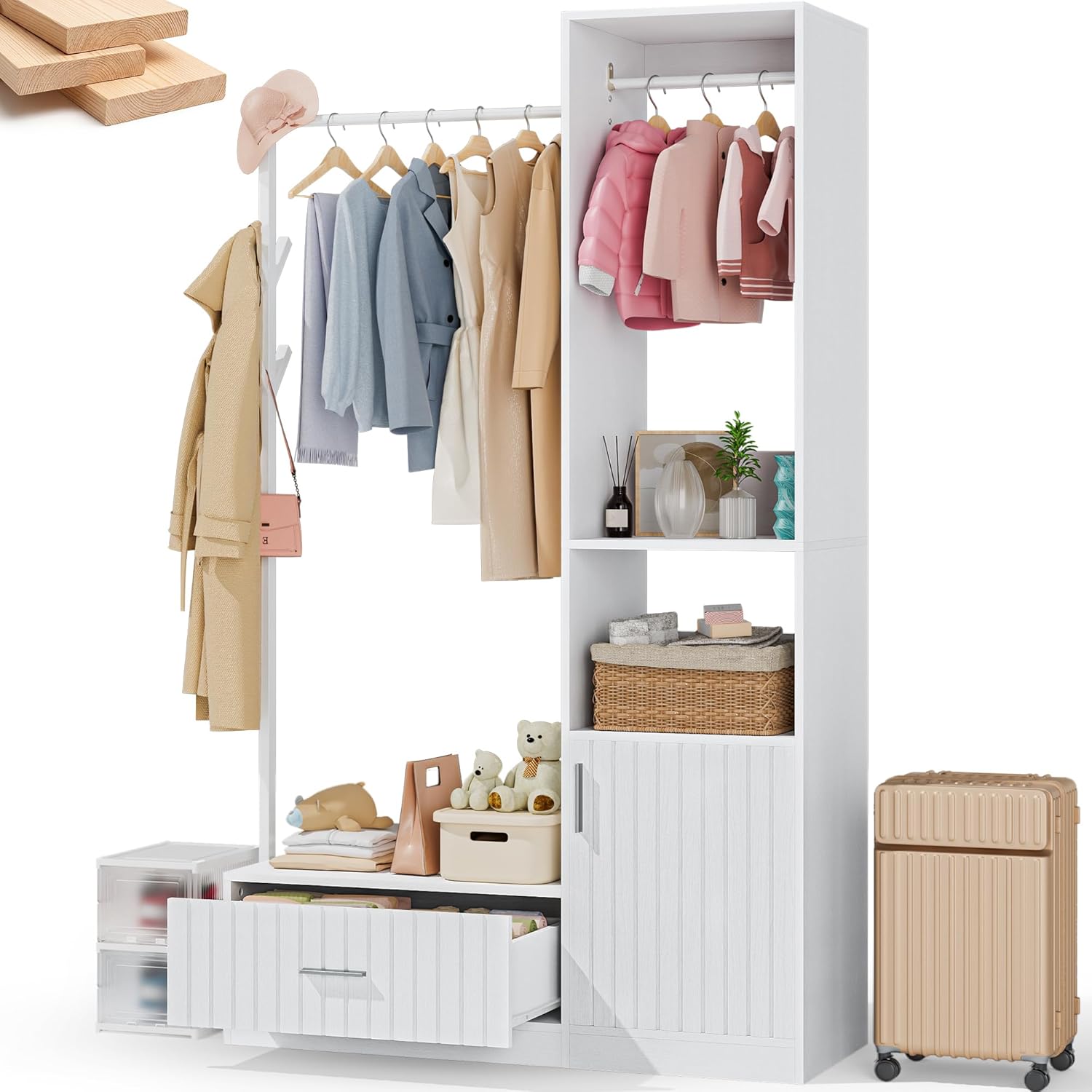 PatioPerk Closet System,Closet Organizer with Hanging Rods & Storage Shelves,Wardrobe Clothes Rack with Drawers and coat tree, Modern Garment Rack for Dressing Room, Hallway, White