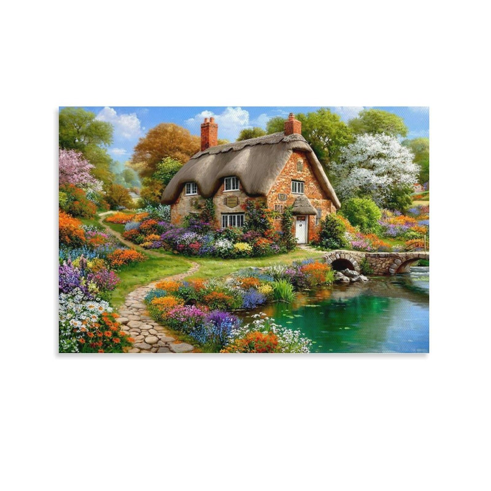CPLVKWRQJ Cozy Thatched Cottage Individual Thatched Cottage Vibrant Flower Pond Framed Canvas Art - Office Wall Decor Multi-Purpose Fade Resistant Statement Piece 16x24inch(40x60cm)