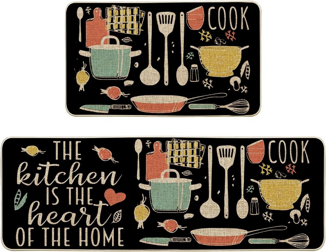 Artoid Mode Balck The Kitchen is The Heart of The Home Kitchen Mats Set of 2, Cooking Sets Party Low-Profile Floor Mat for Home Kitchen - 17x29 and 17x47 Inch