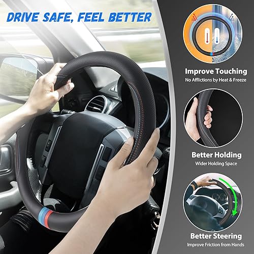 Miniatura 5 de Funda para volante, 15 pulgadas, universal, color M, compatible con BMW, diseño de tres colores, antideslizante, estilo deportivo