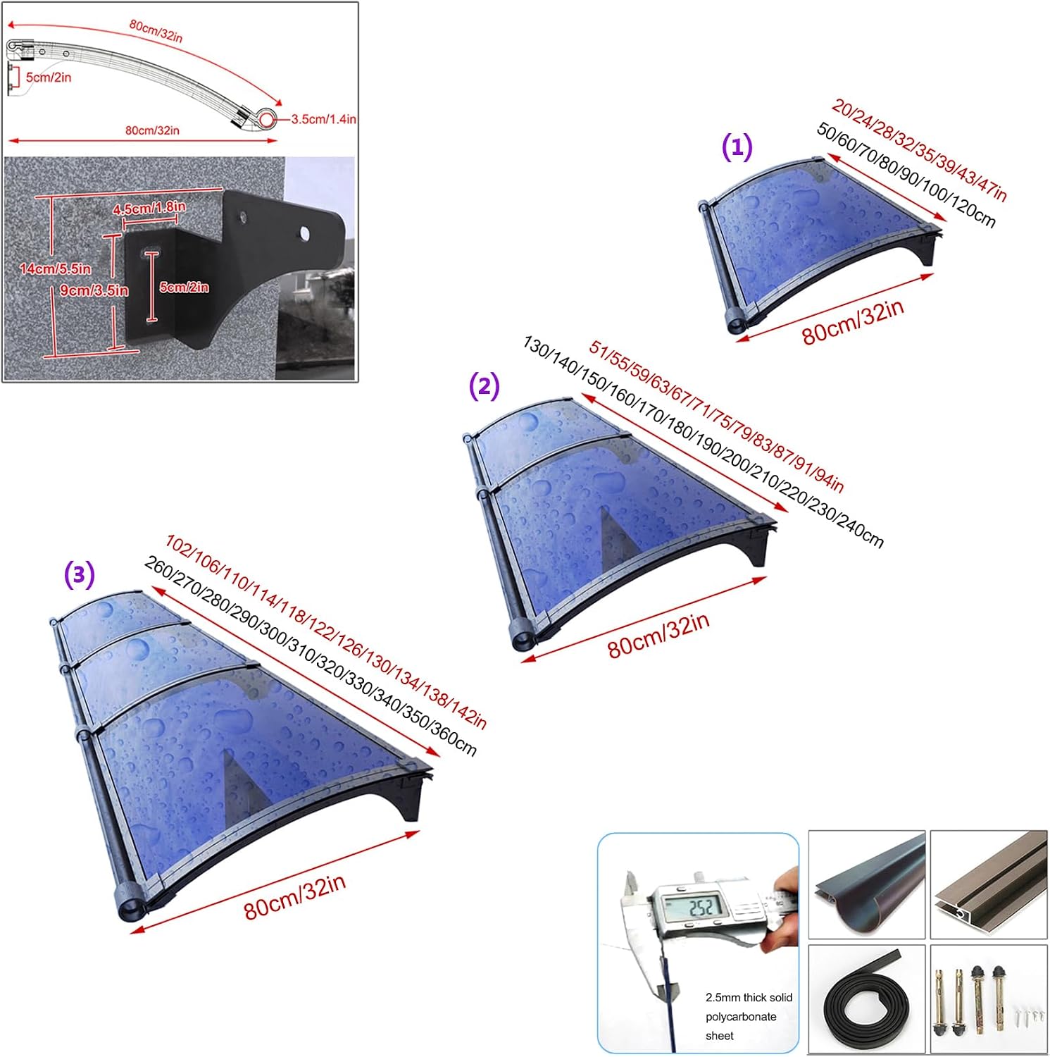 Curved Door & Window Awning, Outdoor Protection Canopy for Sun & Rain, Polycarbonate Entryway Cover, 80x60cm/32x24, Durable and Stylish Awning Solution