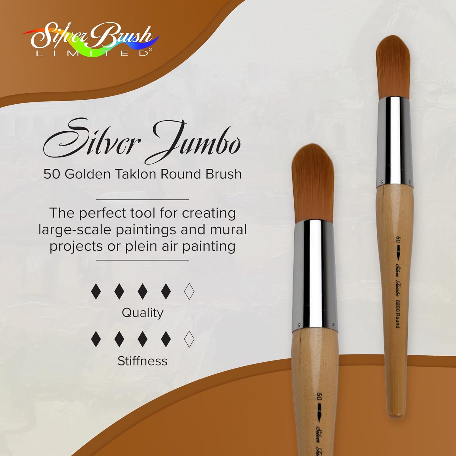 Silver Brush Limited 8200-50 Silver Jumbo Golden Taklon Round Paintbrush for Oil, Acrylic, Heavy Body Paints, Gesso & Grounds, Varnish & Top Coat, Size 50, Mid Length Handle