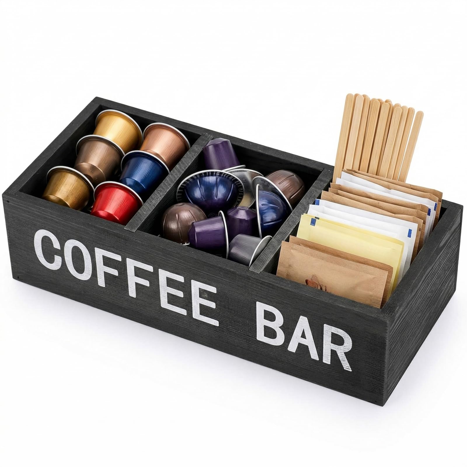 Koimiao Coffee Bar Station Organiser Adjustable Wooden Coffee Bar Organizer - 3-Compartment Coffee Station Storage Box with Dividers for Pods, Condiments, Napkins (Black)