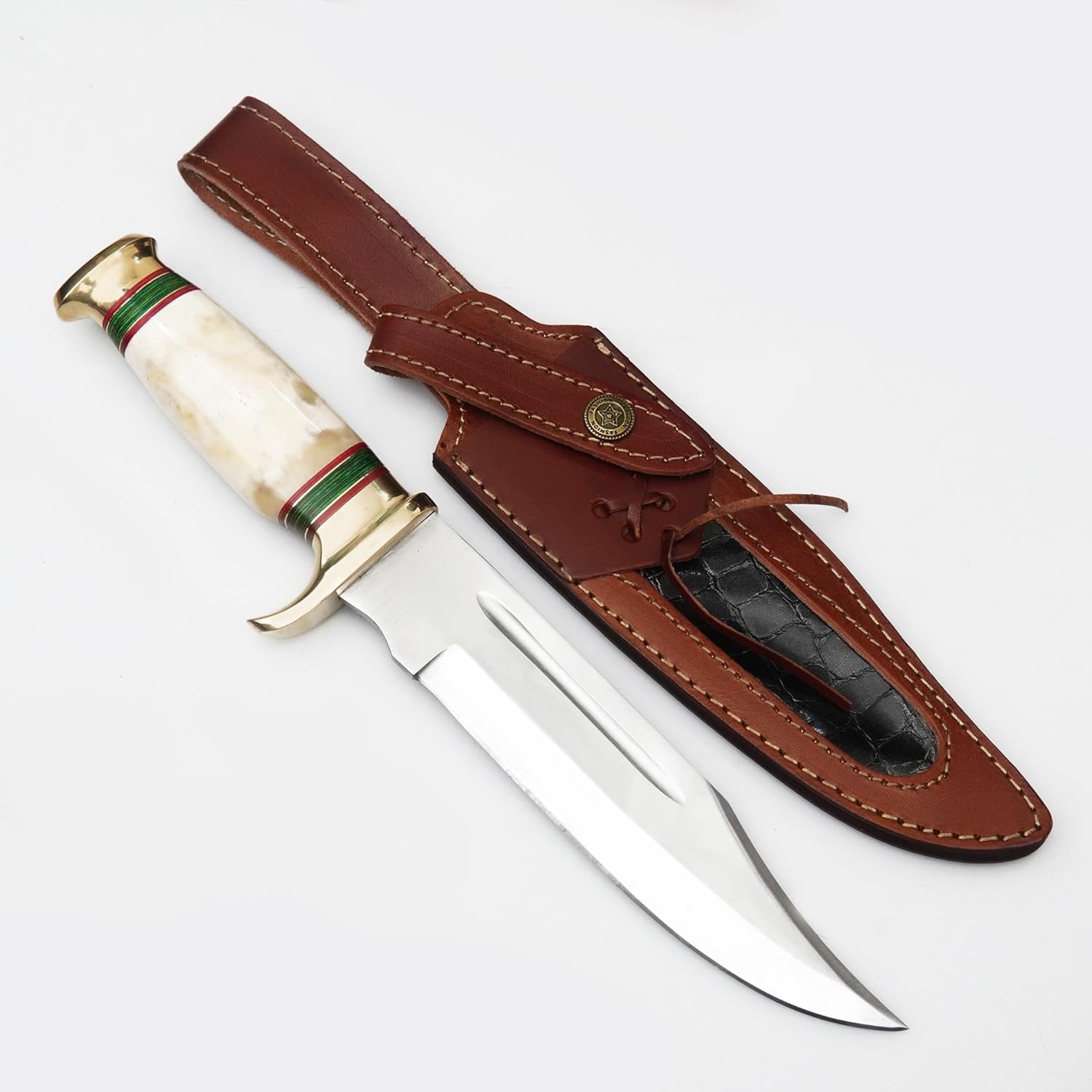 Fixed Blade Hunting Knife Crocodile Dundee Bowie Knives -D2 Steel Bone Handle, Camping Knifes with Premium Leather Sheath Gift for Man