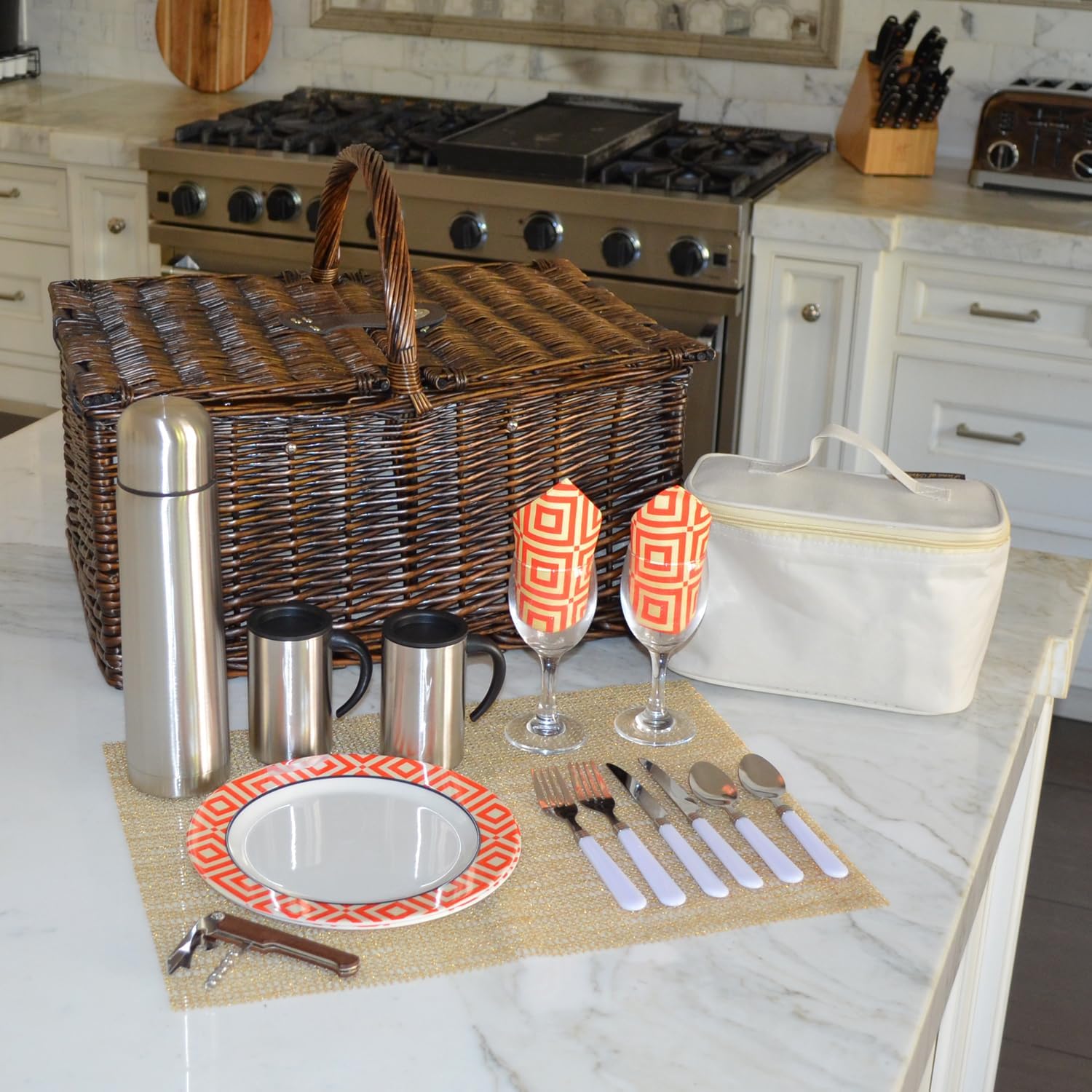 Picnic at Ascot Surrey Willow Picnic Basket With Coffee Set, Brown Wicker/Diamond Orange