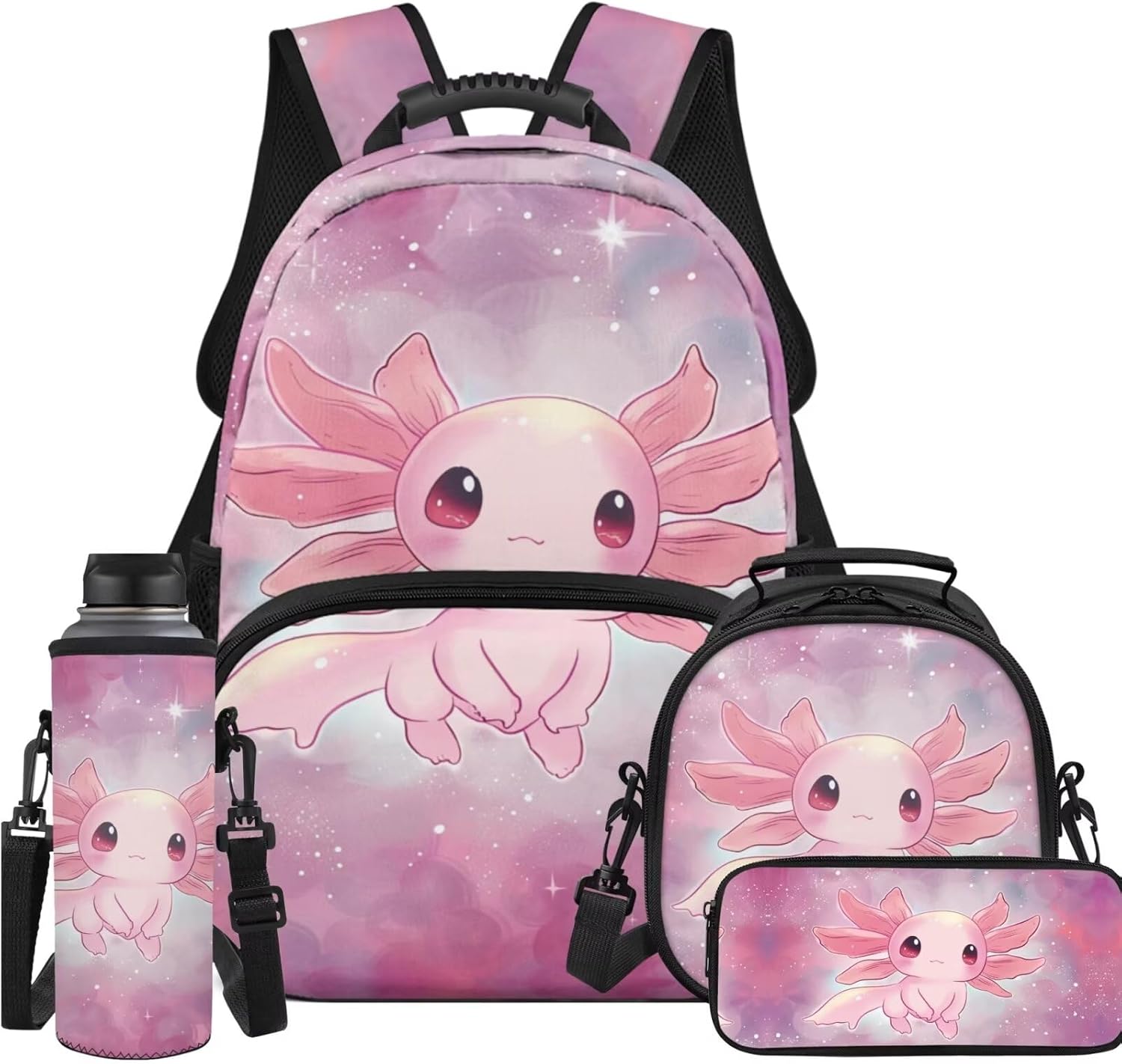 Axolotl Ice Cream Kids Backpack with Lunch Box for Boys Girls Set of 4 School Backpacks Matching Combo Back to School Gifts and Pencil Case Pouch for Teens Children Ages 6-10 17 inch