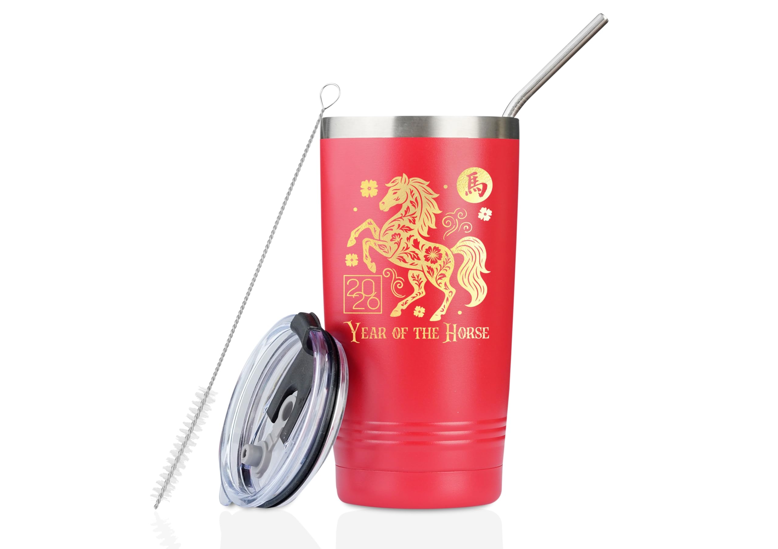 - Chinese New Year Tumbler Gifts - 20oz Double Wall Vacuum Insulated Stainless Steel Mug with Lid - Year of The Horse Red