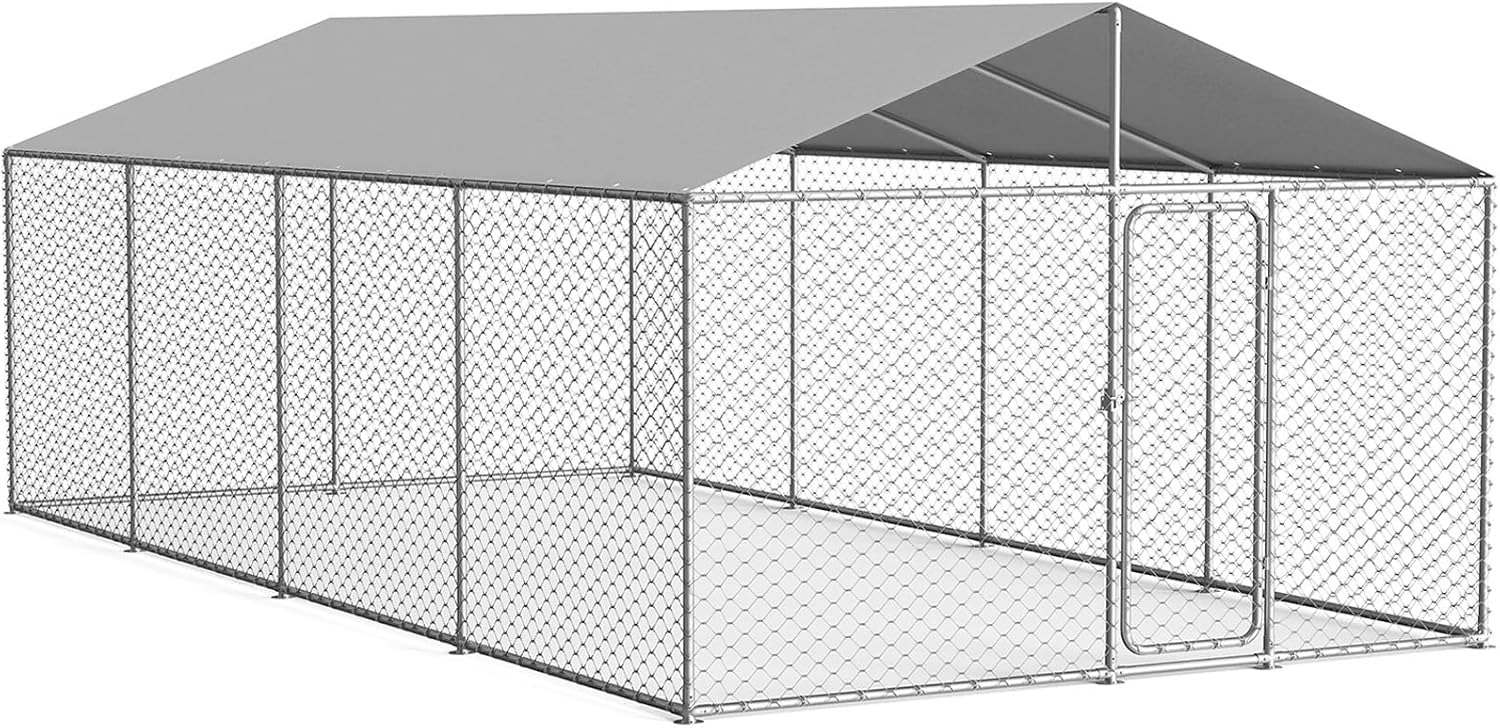 20x10 Large Outdoor Dog Kennel Outside, Heavy Duty Dog Enclosure with Waterproof Cover and Security Lock, Galvanized Wire Mesh Dog Cage for Large Dogs