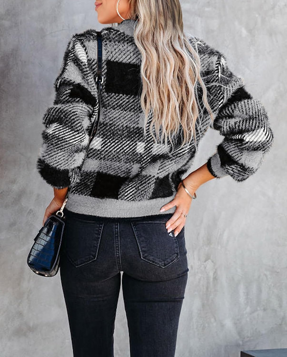 Imily Bela Womens Cardigan Sweaters Plaid Fuzzy Knit V Neck Button Down Long Sleeve Cozy Cardigans Pullover Tops - Image 3