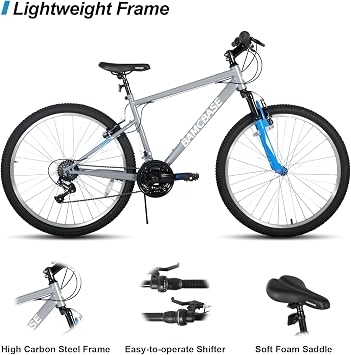 HH HILAND 27 Inch Mountain Bike, Mens Womens MTB with 18 Speeds, High-Tensile Steel Frame, V Brake, Hardtail Bicycle for Adults Gray