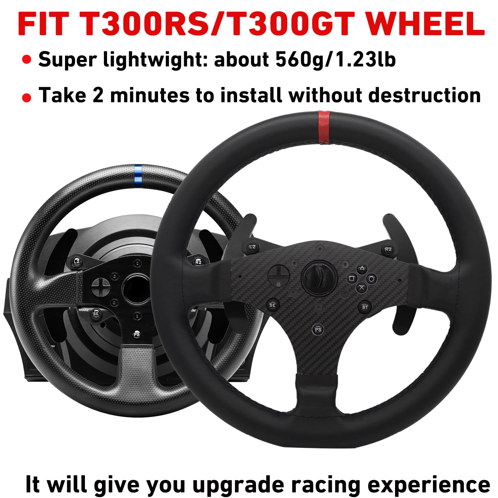 Replace 13 inch(33cm) lightweight Original Leather Steering Wheel For THRUSTMASTER T300RS/T300GT Force Feedback GT Force Racing Wheel Base Open Wheel (Full Leather, T300RS/T300GT)