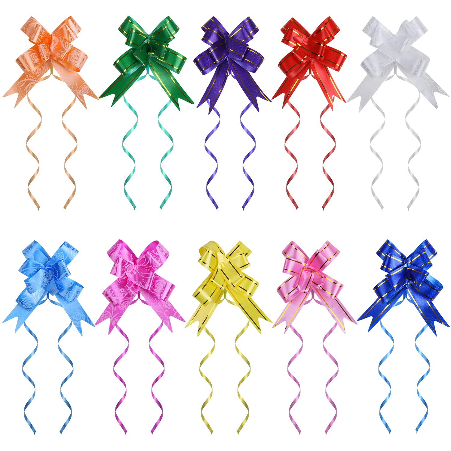DERAYEE 100 PCS Gift Wrapping Bows, Present Basket Ribbon Pull Bows for Christmas New Year Easter Thanksgiving Weeding Party Supplies (assorted 10 colors)