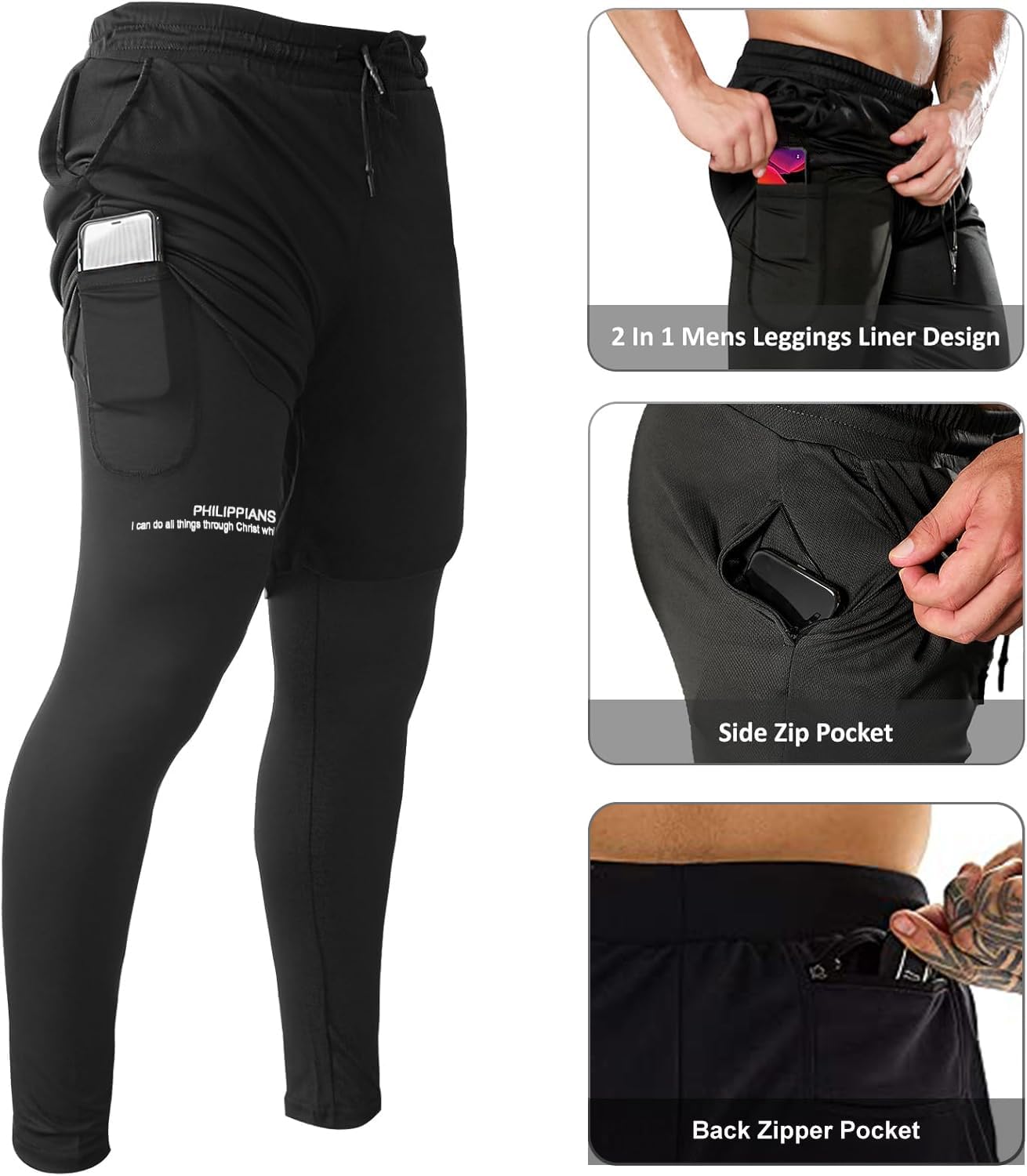 OEBLD Mens Christian Bible 2 in 1 Running Pants Elastic Christ Faith Waist Workout Gym Pants with Compression Liner