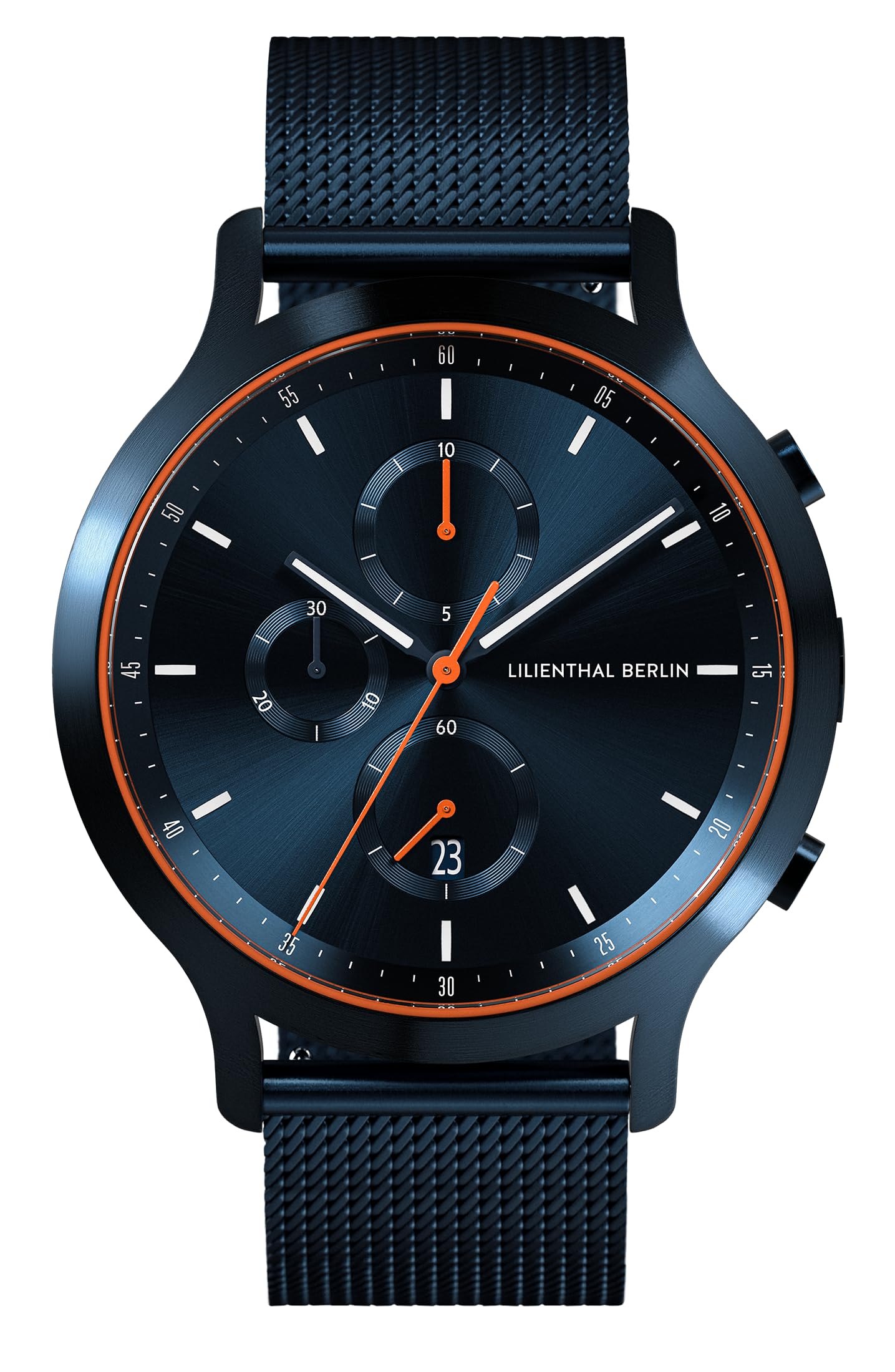 Lilienthal Berlin Chronograph Blue Orange Mesh watch, angled view.