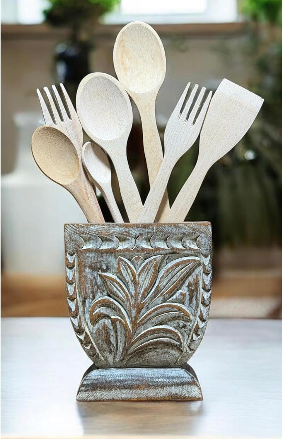 SODEF Handmade Wooden Organizer Stand 7.9 x 7.9 inches | White Finish | Rustic Decor | Multi-Purpose Holder for Kitchen Utensils, Pencils, Plants, Remotes | Wood