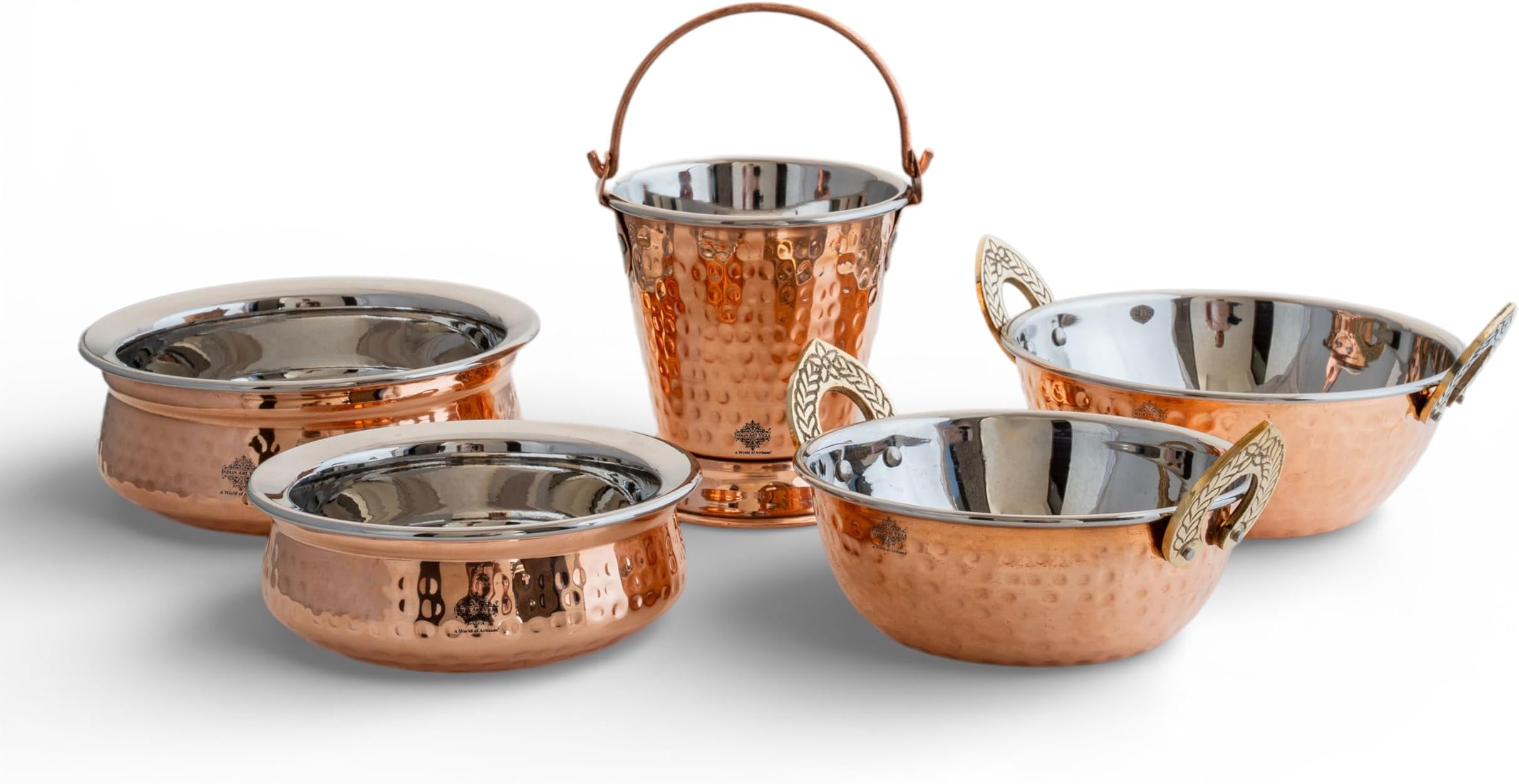 Indian Art Villa Steel Copper Serving Set Including 1 Bucket, 2 Handi, 2 Kadai, Serveware & Tableware Set, Set of 5, Polka Dot