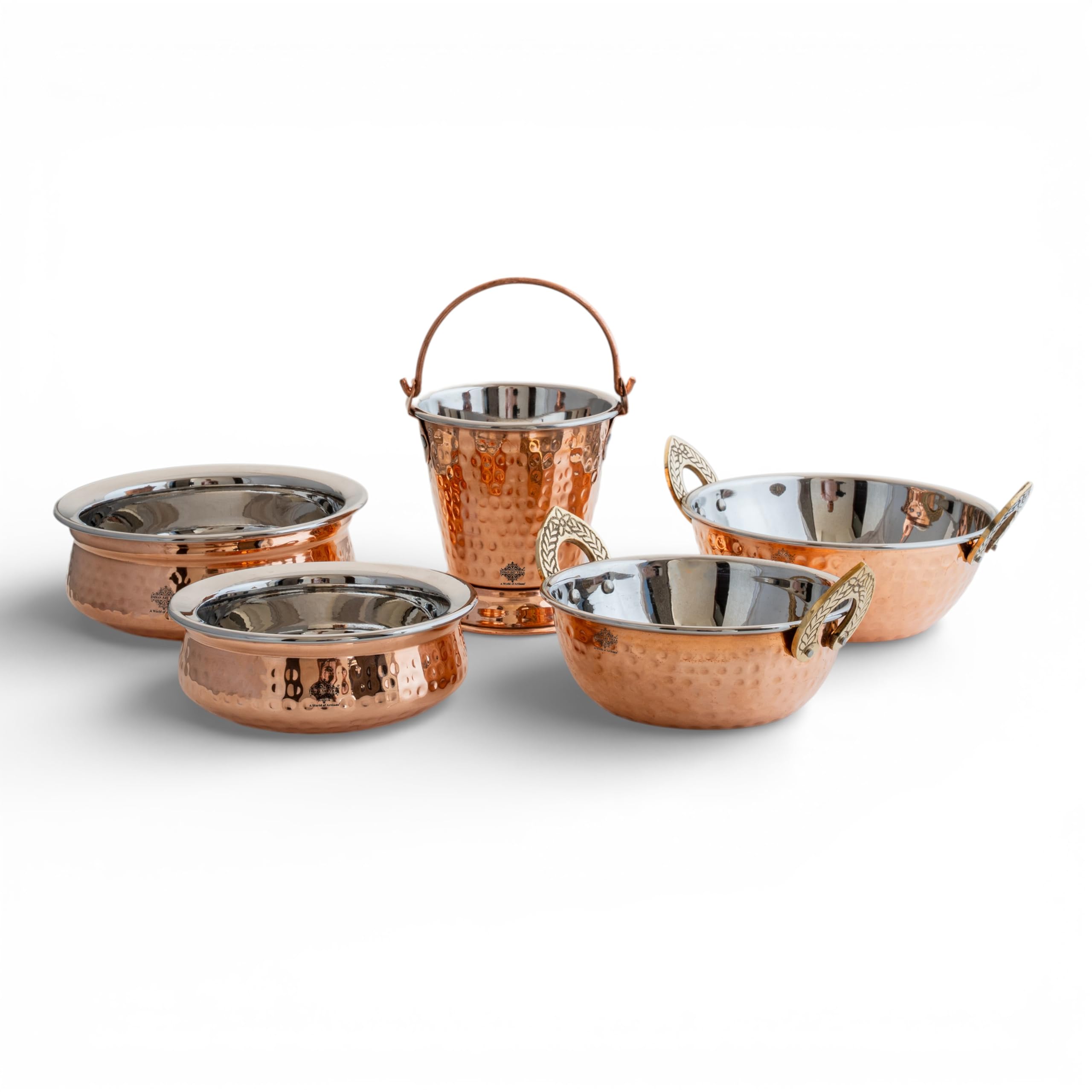 Indian Art Villa Steel Copper Serving Set Including 1 Bucket, 2 Handi, 2 Kadai, Serveware & Tableware Set, Set of 5, Polka Dot-image-23