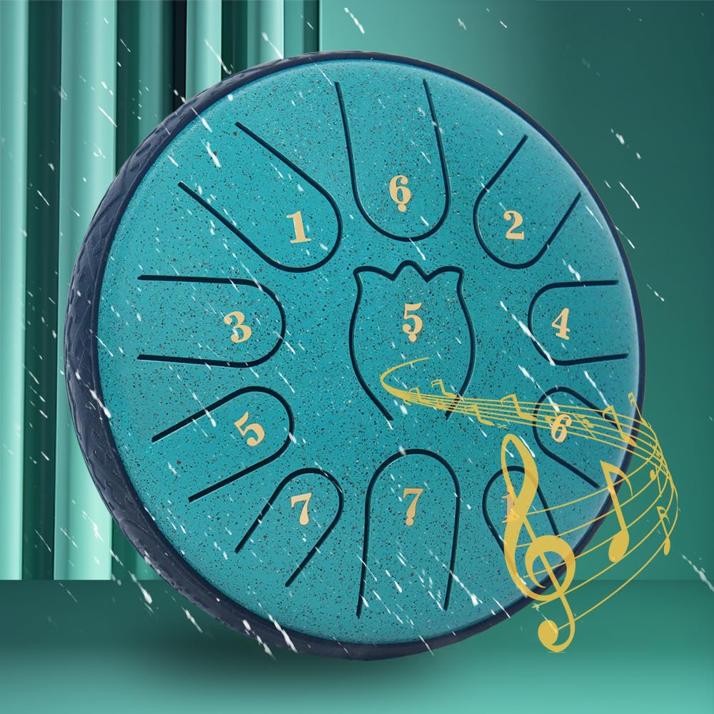 Rain Drum for Outside Garden,Steel Tongue Drum 6 Inche 11 Note Steel Drums Rain Chime,with Soft Bag,Music Book,2 Mallets(green)