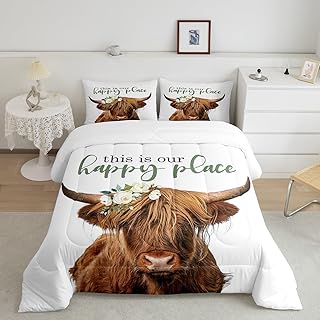 Highland Cow Gifts Bedding Farm Animal Cow Print Comforter Set for Girls Toddler Boys Highland Cow Decor BeddingÂ ComforterÂ Sets, Animal and Flowers Bedding Set King, 1 Comforter with 2 Pillowcases