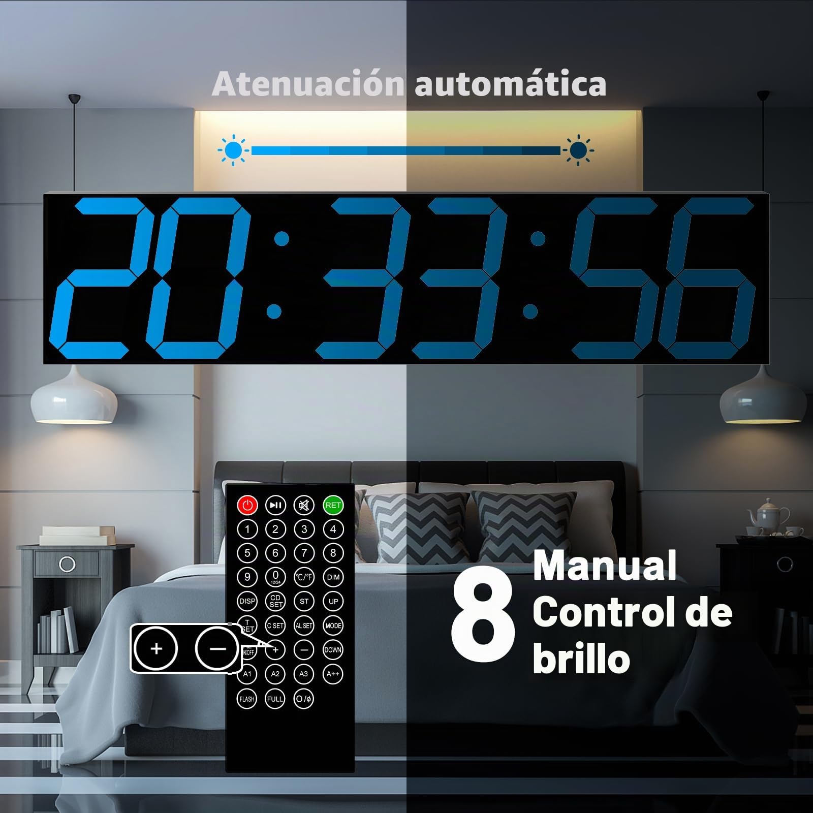 CHKOSDA Reloj Digital LED de Gran tamaño con atenuador automático, Gran Temporizador de Cuenta Regresiva con Control Remoto, 27.5 Pulgadas de Ancho, 6 dígitos, Fecha y Temperatura (Azul Hielo)