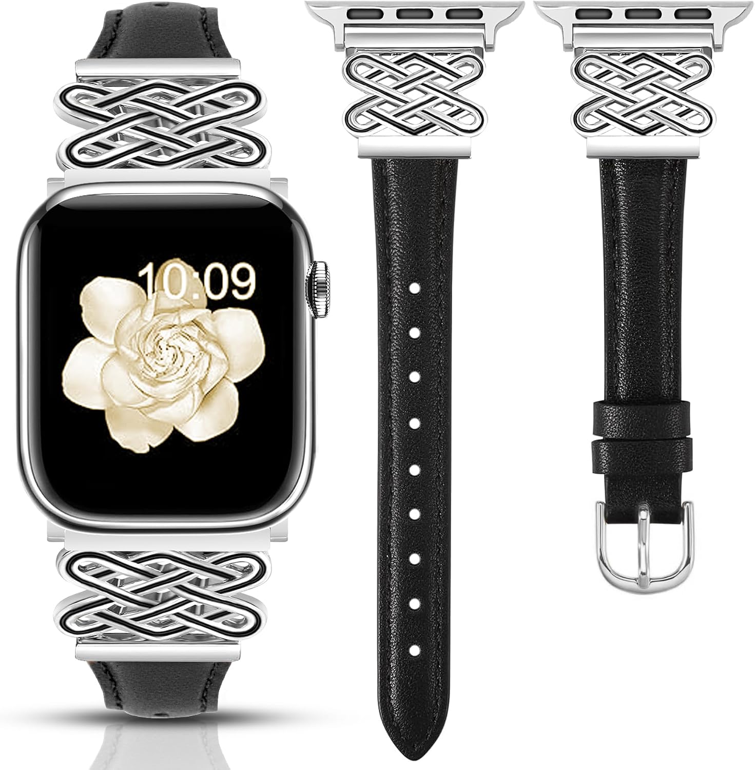 Newlibery Bling Watch Bands with Bling Case Slim Leather Band Bundle Compatible with Apple Watch 38mm 40mm 41mm 42mm 44mm 45mm 46mm 49mm Women for iWatch Series 10/9/8/7/6/5/4/3/2/1/SE/Ultra image 3