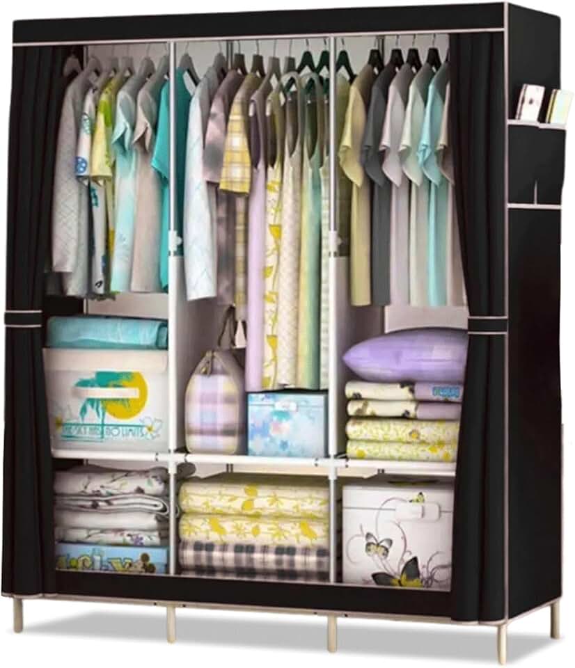 Guarda-Roupa Dobrável 3 Portas Portátil Multiuso com Cabideiro e Sapateira – Armário Organizador Impermeável, Fechamento com Zíper, Resistente e Fácil de Montar (Preto)