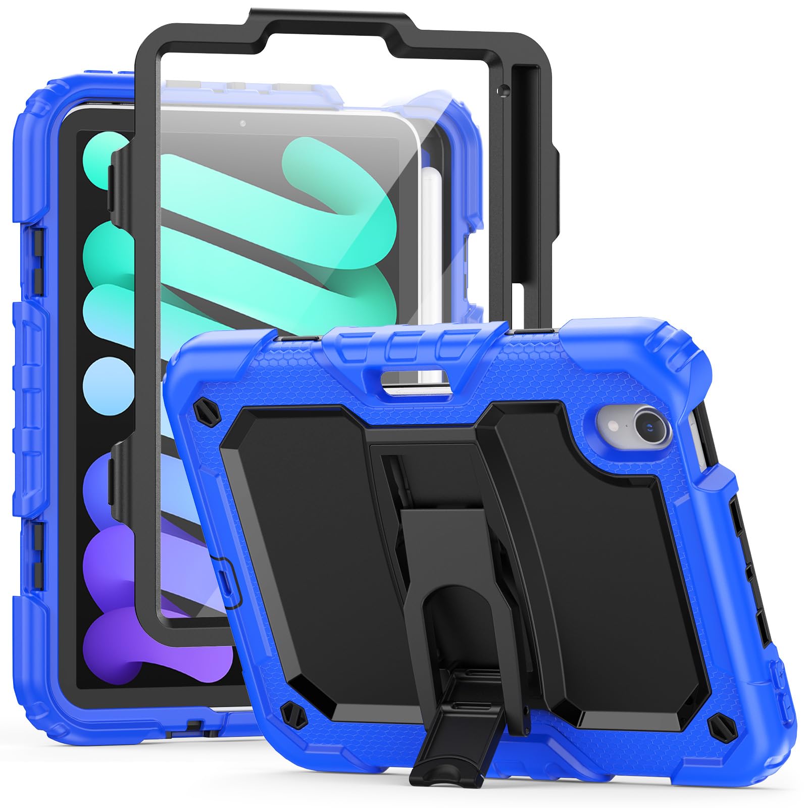 Coque iPad Mini 7/6 antichoc SEYMCY avec support et protège-écran bleu - 8