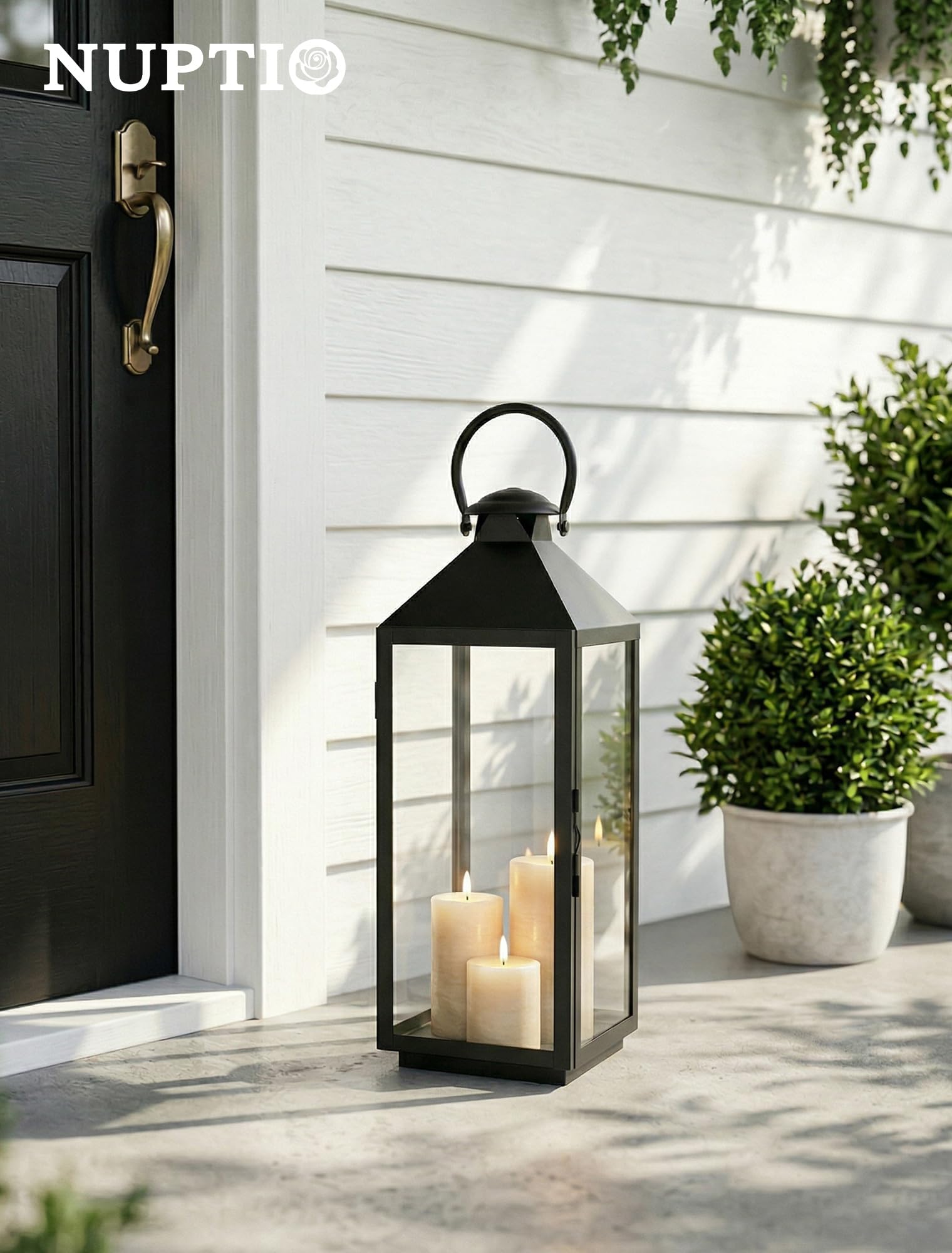 NUPTIO Grande Lanterne Lanternes D'extérieur: 48cm de Haut Lanterne de Jardin Lanterne D'extérieur Lanterne Décorative XXL Résistante Aux Intempéries Métal Noir avec Verre Lanterne Funéraire Colonne