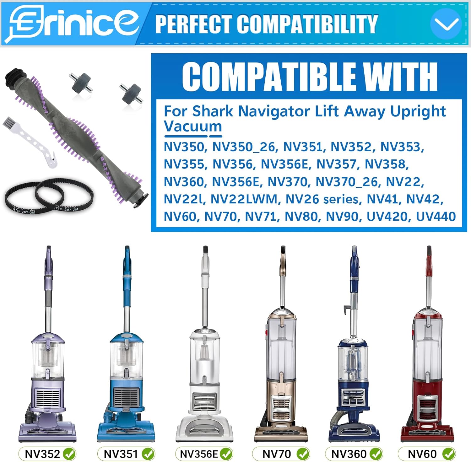 Image showing various Shark Navigator vacuum models compatible with the replacement brush roller, including NV352, NV351, NV356E, NV70, NV360, and NV60.