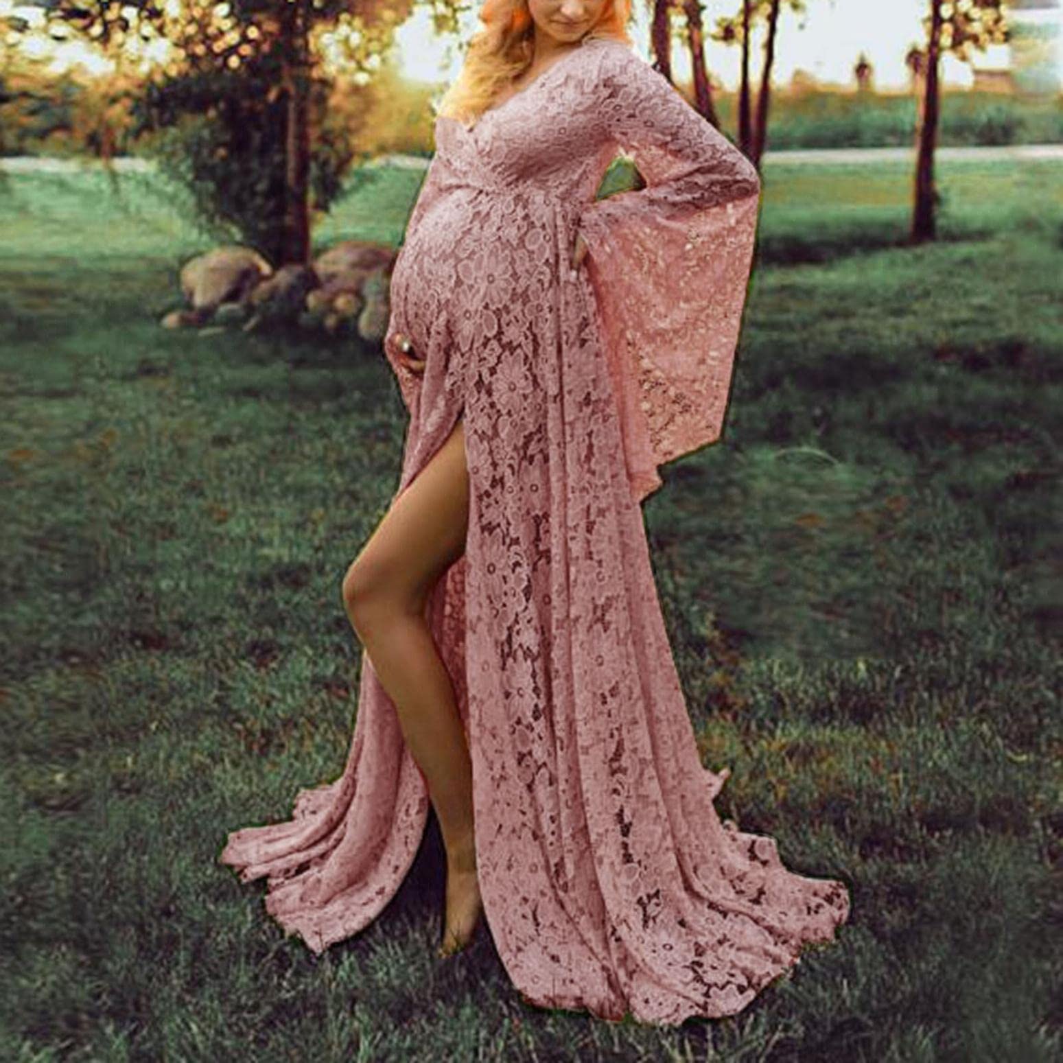 Schwangerschaftskleid Shooting Foto V-Ausschnitt Ausgestellte Ärmel Spitze Transparent Schwangerschaftskleid Boho Maxi Schwanz-Kleid mit geteiltem Schwanz lockerer Größe