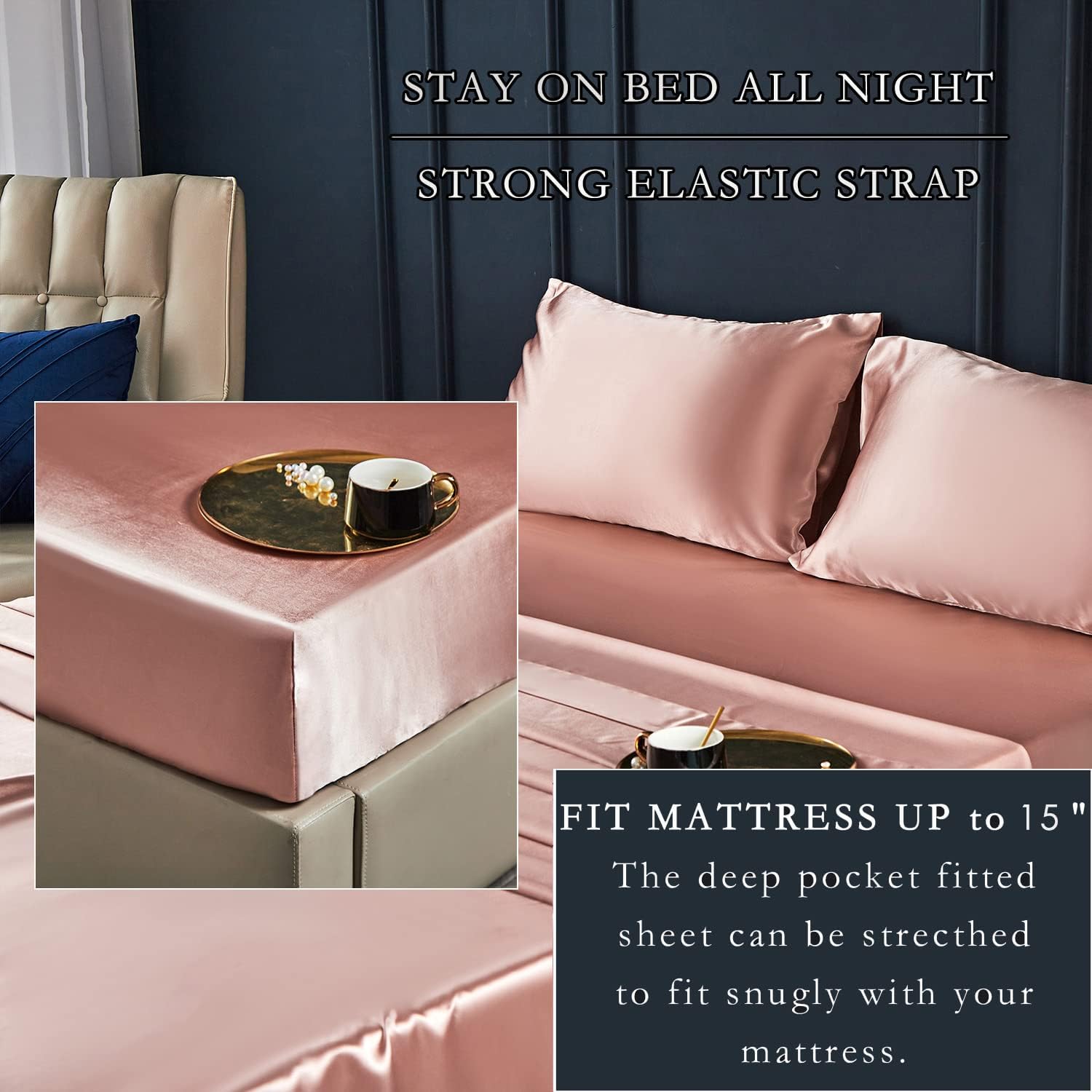 Koreyoshi 4 Pcs Satin Sheets Queen - Silk Silky Super Soft Extra deep Pocket Queen Sheet Sets - Wrinkle & Fade Free - Deep Pocket Fitted Sheet, Flat Sheet, Pillow Cases (King, Pink Champagne) : Home & Kitchen