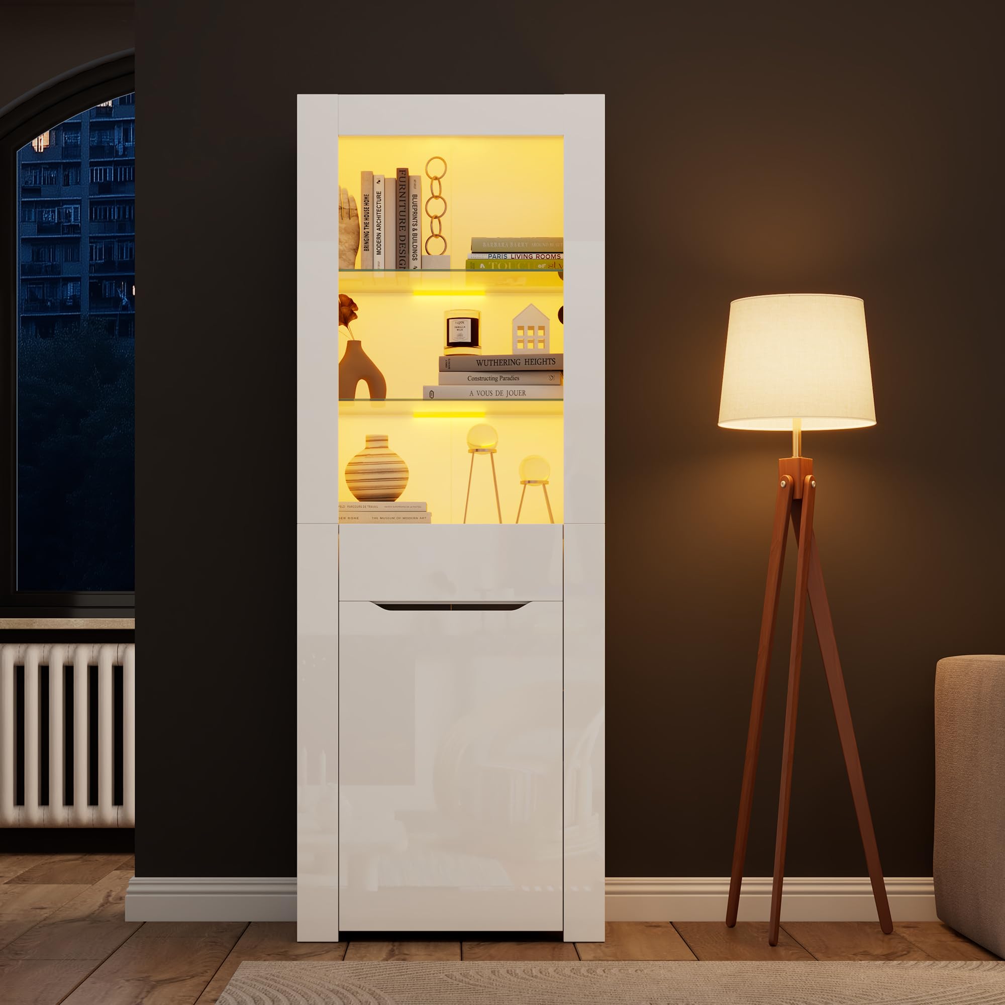 Merax Vitrina con luces LED, armario de 1 puerta y 1 cajón, cristal con mucho espacio de almacenamiento, moderna estantería de salón y oficina