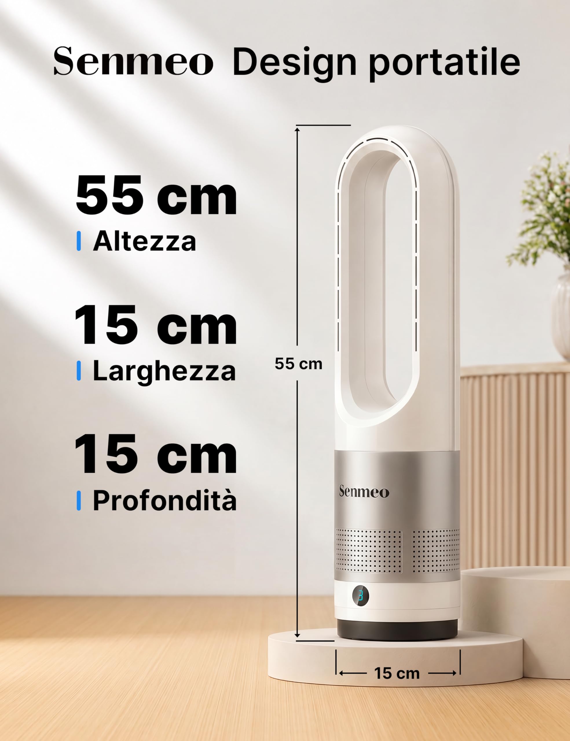 Ventilatore a Torre Senza Pale, 55 cm Ventilatore a Colonna con Telecomando, Oscillazione 90°, 8 Velocità, Timer 9 Ore, Display LED, Ventilatore Silenzioso per Camera da Letto, Soggiorno
