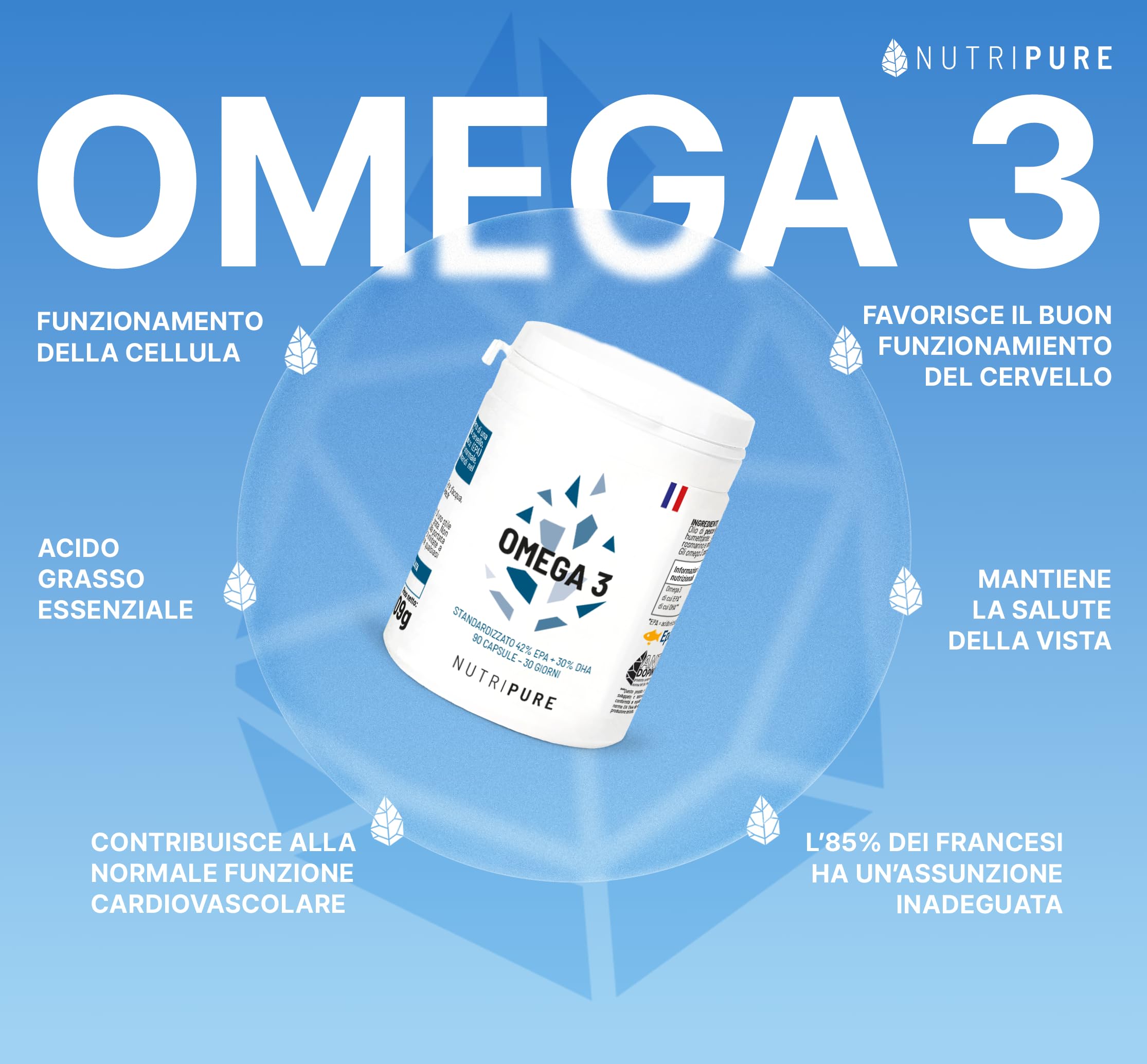 Omega 3 3000mg | Integratore alimentare per le difese immunitarie | Olio di pesce certificato | Alta concentrazione di EPA e DHA | Altamente biodisponibile | 270 capsule | Made in France | Nutripure