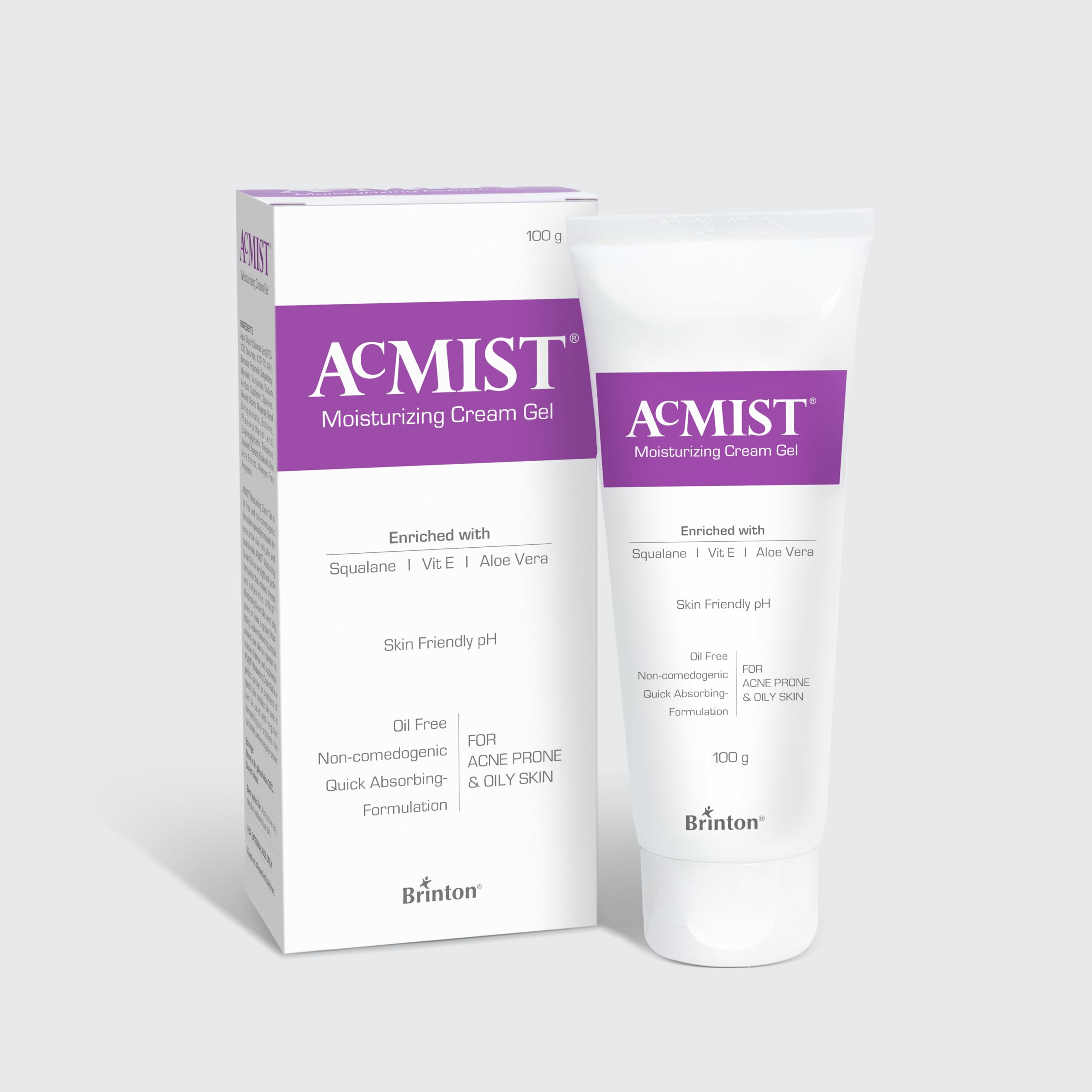 AcMist Face Moisturizing Cream Gel for Acne Prone & Oily Skin | Enriched with Vitamin E, Aloe Vera & Squalane | Oil-free, Non Comedogenic & Quick Absorbing Formulation | For All Skin Types - 100 GM