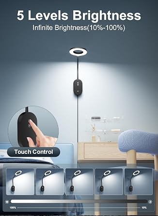LED Wall Reading Light,Bedside Headboard Lights with 10W USB Output Fast, Wall Reading Lamps with 4 Color Modes & 5 Dimmable, Memory Function, 4-Hour Auto Off Ring Light Black