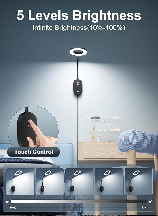 LED Wall Reading Light,Bedside Headboard Lights with 10W USB Output Fast, Wall Reading Lamps with 4 Color Modes & 5 Dimmable, Memory Function, 4-Hour Auto Off Ring Light Black