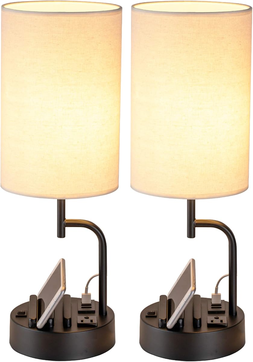 Dreamholder Lámpara de Mesa con 3 Puertos de Carga USB, Lámpara de Escritorio Moderna con Toma de CA y Soporte para Teléfono, Lámpara de Noche Perfecta para Dormitorio, Sala de Estar, Oficina (Paquete de 2), Crema