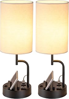 Dreamholder Table Lamps with 3 USB Ports, AC Outlet & Dual Phone Holders - Modern Bedside Desk Lamps Pack of 2 Cream
