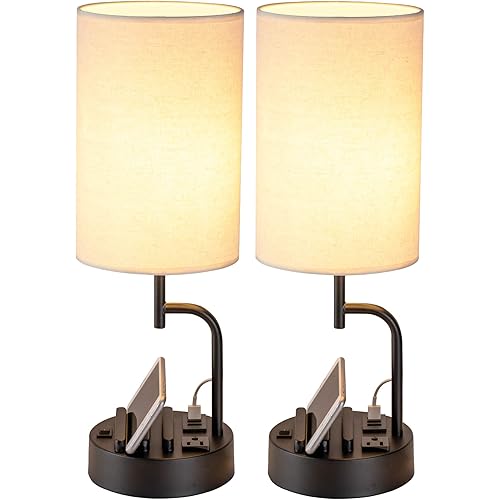 Dreamholder Table Lamp with 3 USB Charging Ports, Modern Desk Lamp with AC Outlet and Phone Stands, Perfect Bedside Lamp for Bedroom, Living Room, Office (Pack of 2)