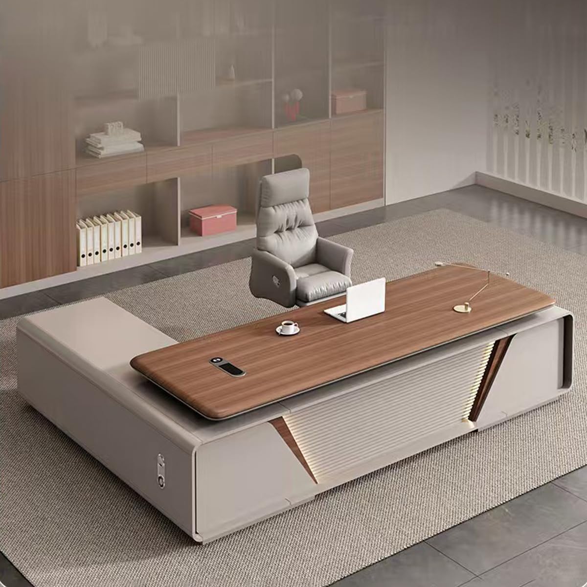 DUWEIKE L Shaped Computer Desk with Storage Cabinet, Home Office Corner Executive Desk with Power Outlet for Study Workstation,2.4m