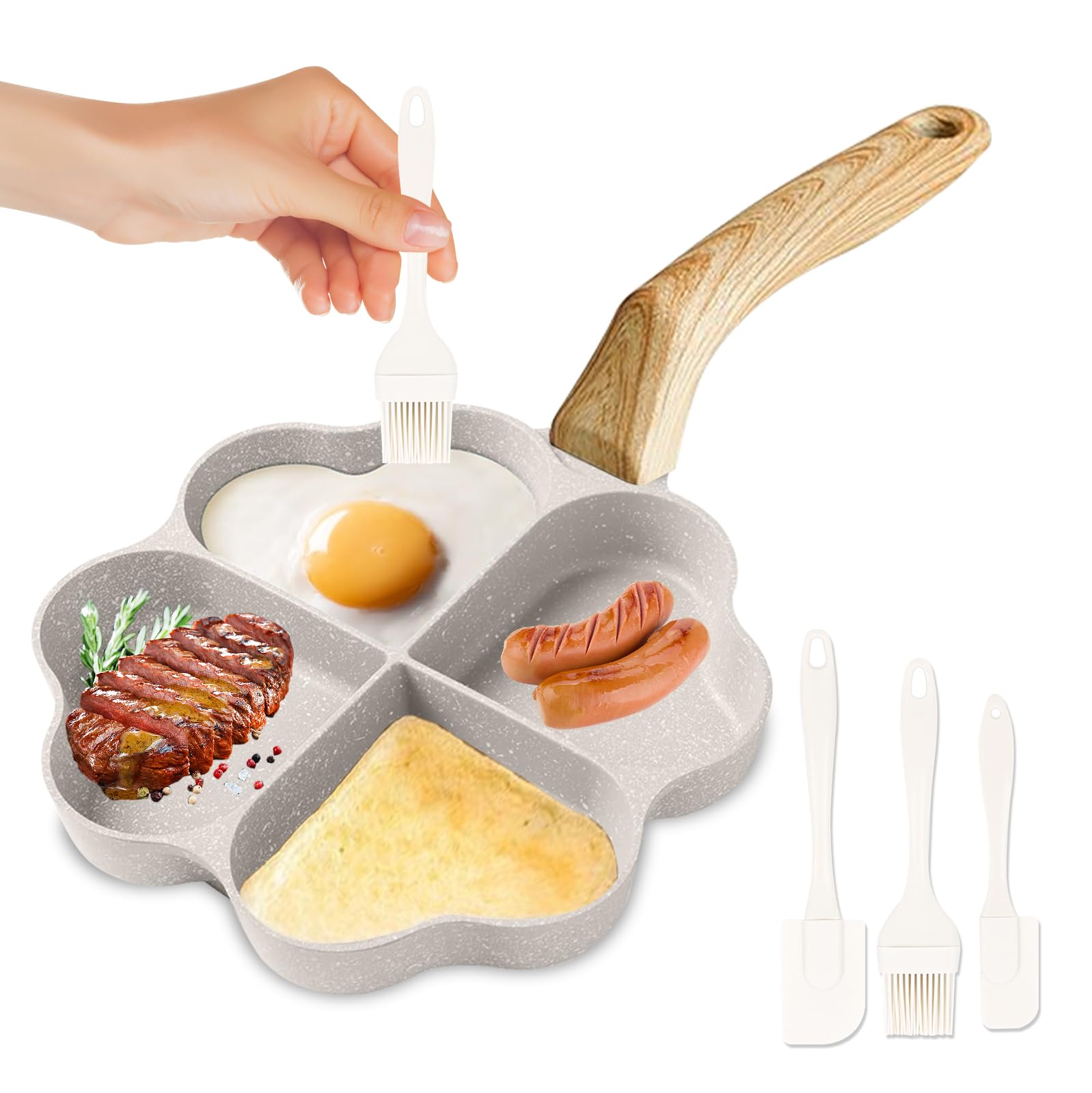 Stufa per uova a forma di cuore, a 4 fori, antiaderente, con 3 spatole in silicone, manico in legno, per pancake, frittelle, frittelle