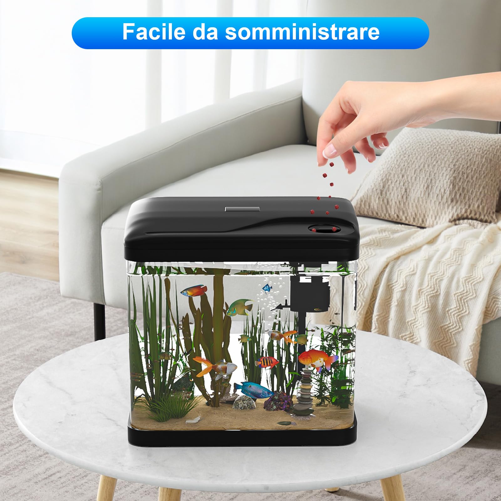 Acquario in Vetro Acquario Completo Acquarios Per Pesci Rossi,con Illuminazione a LED e Sistema di Filtraggio,15 Litri,Nero,Set Per Principianti